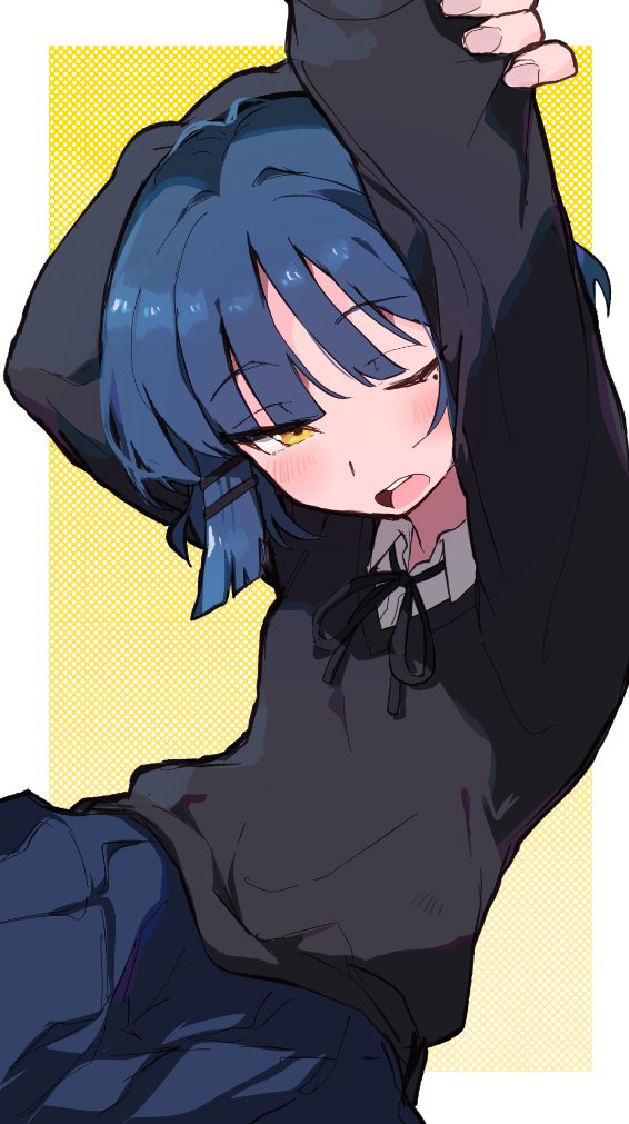 jamir, yamada ryo, bocchi the rock!, commentary request, 1girl, black ribbon, black sweater, blue hair, blue skirt, collared shirt, looking at viewer, medium hair, mole, mole under eye, neck ribbon, open mouth, ribbon, shirt, skirt, solo, stretching, sweater, teeth, two-tone background, upper teeth only, white background, white shirt, yellow background, yellow eyes