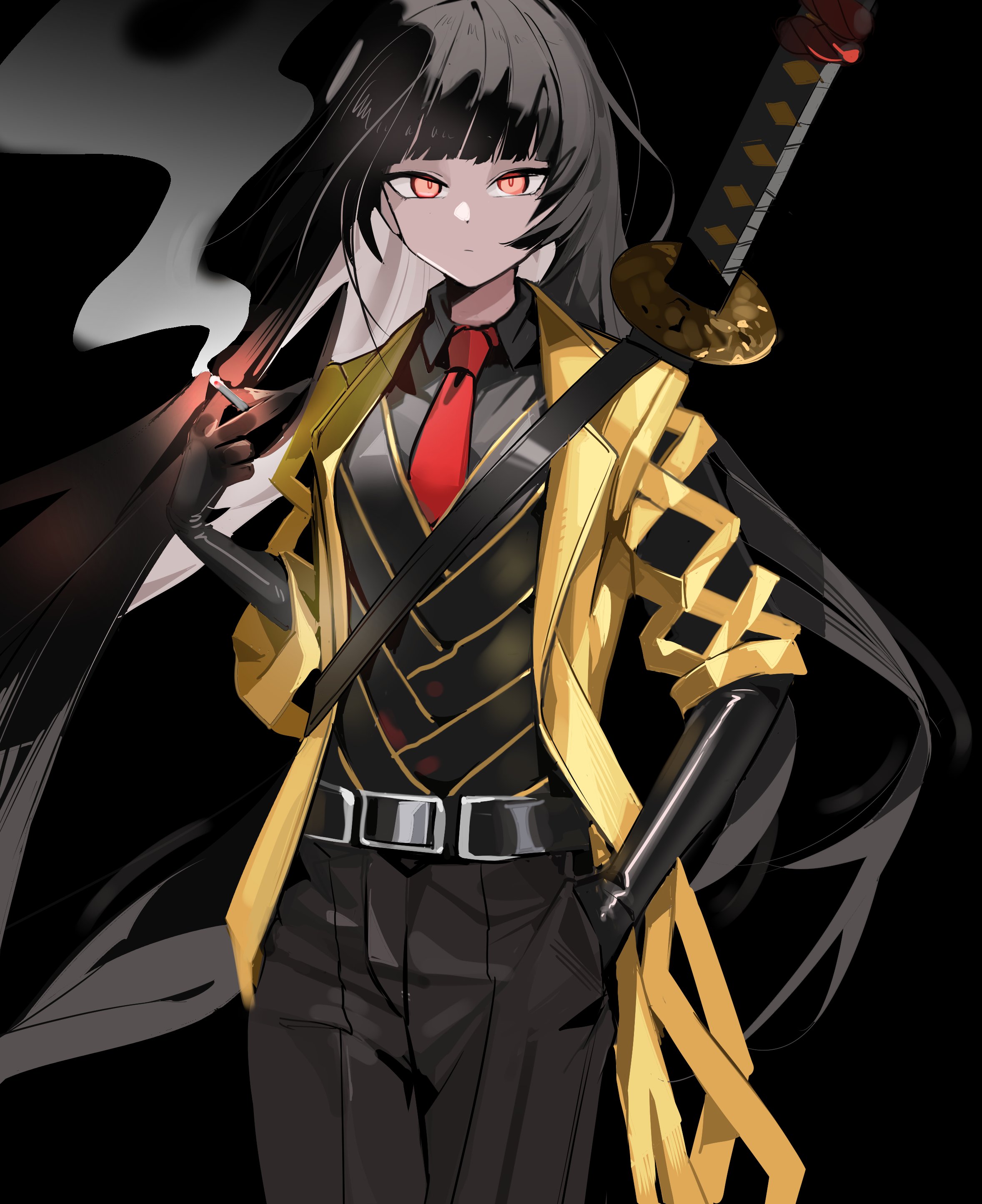 seueo, ryoshu (project moon), limbus company, project moon, absurdres, highres, 1girl, belt, black background, black belt, black gloves, black hair, black pants, black shirt, black vest, blunt bangs, breasts, cigarette, closed mouth, coat, contempt awe (e.g.o), cowboy shot, e.g.o (project moon), facing viewer, gloves, hand in pocket, holding, holding cigarette, long hair, looking at viewer, n corp. e.g.o (identity) (project moon), necktie, pants, red eyes, red necktie, scabbard, sheath, sheathed, shirt, short sleeves, simple background, small breasts, smoke, smoke trail, solo, sword, sword on back, very long hair, vest, weapon, weapon on back, yellow coat