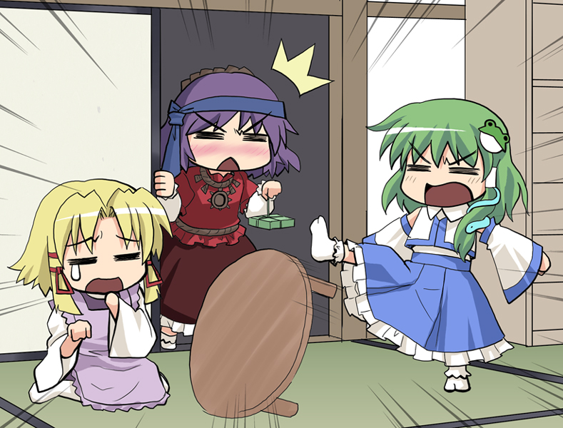 haniwa, haniwa (leaf garden), kochiya sanae, moriya suwako, yasaka kanako, touhou, 3girls, = =, ^^^, angry, apron, blonde hair, blush, chibi, detached sleeves, domestic violence, drunk, feet, female focus, frog, green hair, headband, kicking, multiple girls, necktie, open mouth, purple hair, skirt, snake, socks, table, table flip, tears, triangle mouth