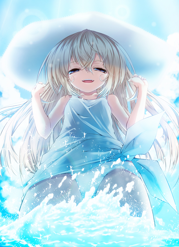 cura, lo (gothic delusion), gothic delusion, official art, 1girl, blonde hair, blue sky, dress, from below, hat, long hair, looking at viewer, panties, purple eyes, sky, smile, solo, splashing, sun hat, sundress, sunlight, tied dress, underwear, wading, water, white dress, white panties