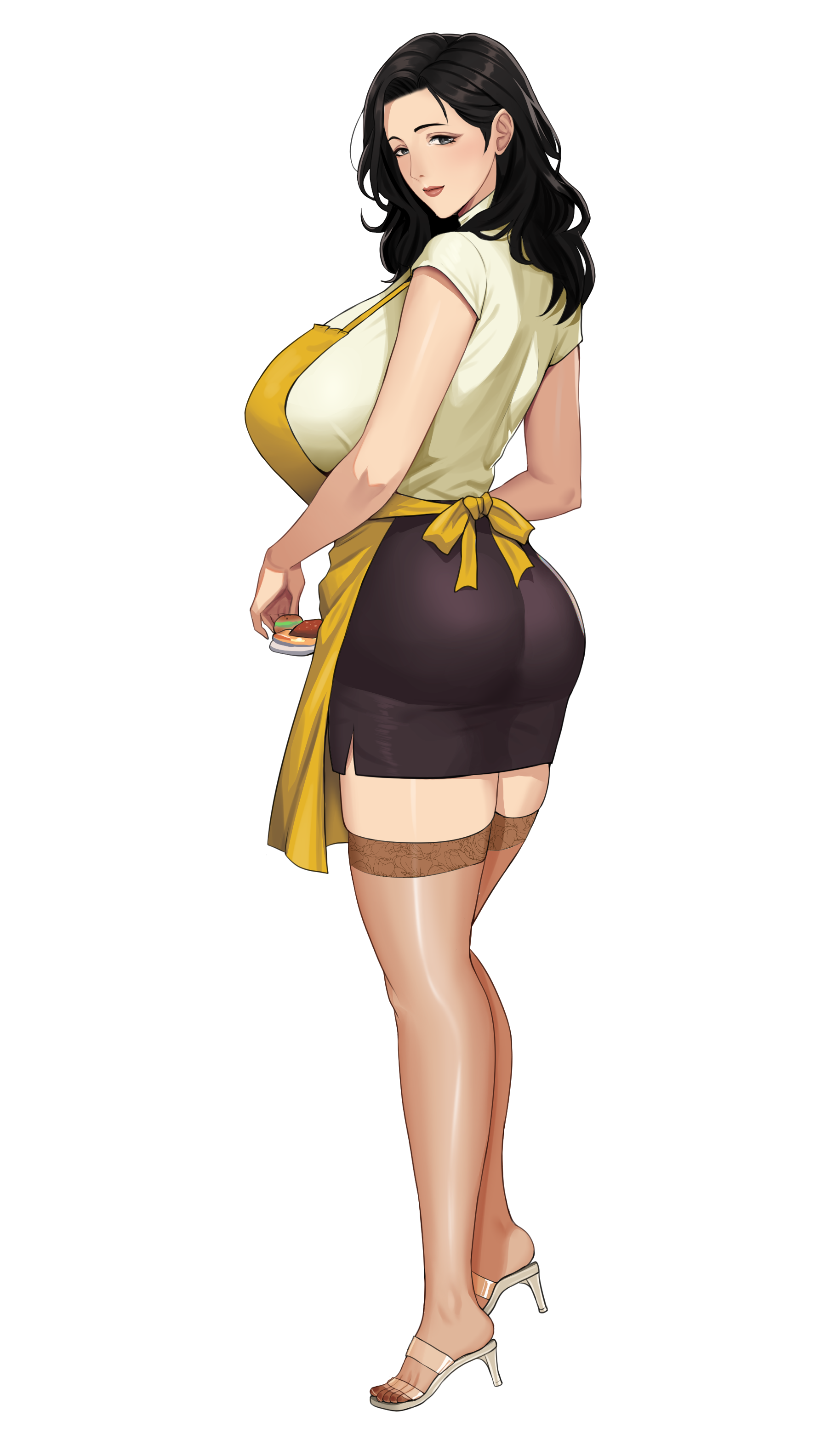 gxtsjs, white footwear, highres, 1girl, apron, ass, black hair, black skirt, blue eyes, breasts, earrings, from behind, full body, high heels, holding, huge breasts, jewelry, long hair, looking at viewer, looking back, mature female, miniskirt, mole, pencil skirt, red lips, shirt, short sleeves, simple background, skirt, smile, solo, standing, tachi-e, thighhighs, transparent background, yellow apron