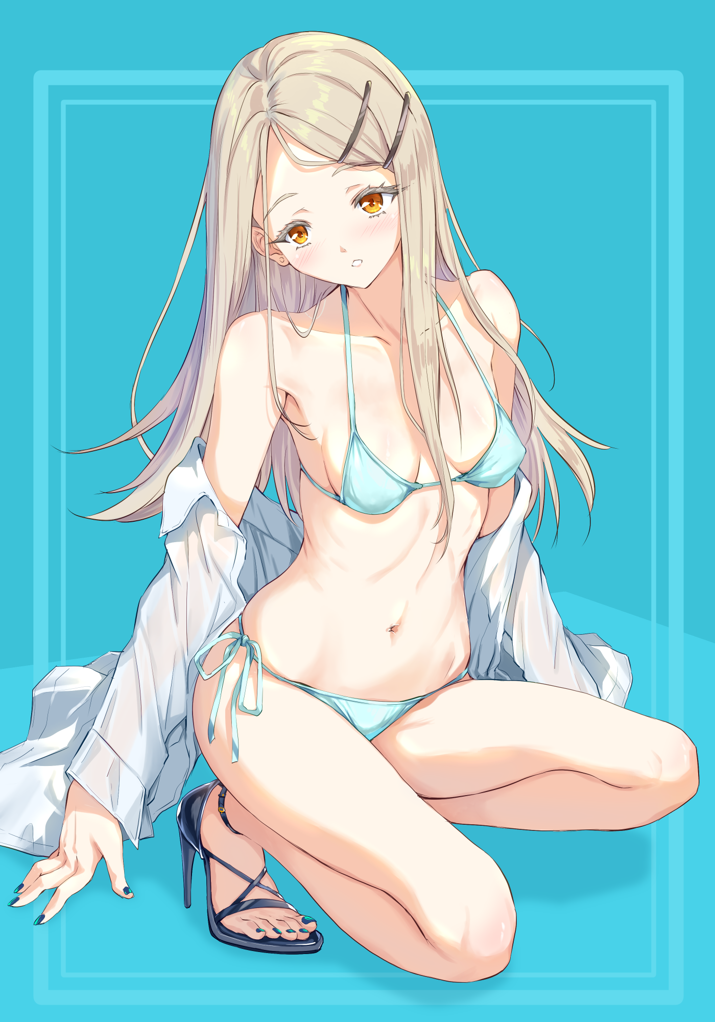 follen (639594), shinosawa hiro, gakuen idolmaster, idolmaster, highres, 1girl, alternate costume, aqua bikini, armpits, bare legs, bare shoulders, bikini, black shoes, blonde hair, breasts, clothes pull, collarbone, colored eyelashes, dress shirt, fingernails, flipped hair, full body, green background, halterneck, high heels, long hair, nail polish, navel, orange eyes, shirt, shirt pull, shoes, side-tie bikini bottom, small breasts, solo, stomach, string bikini, swimsuit, white shirt