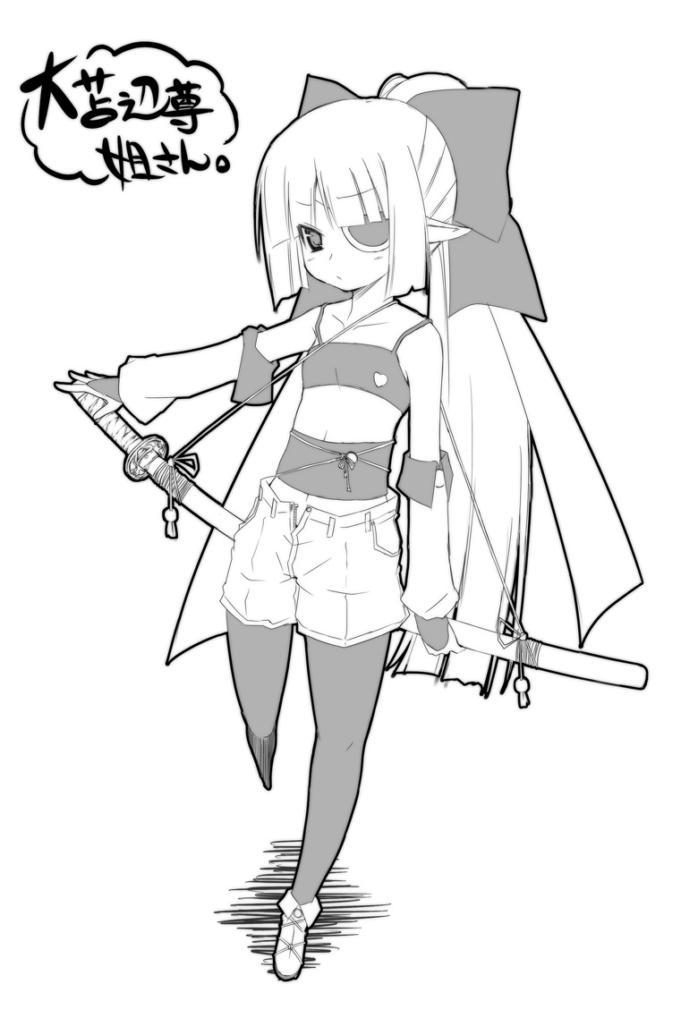 crazy developers, original, tagme, eyepatch, greyscale, monochrome, pantyhose, solo, sword, weapon