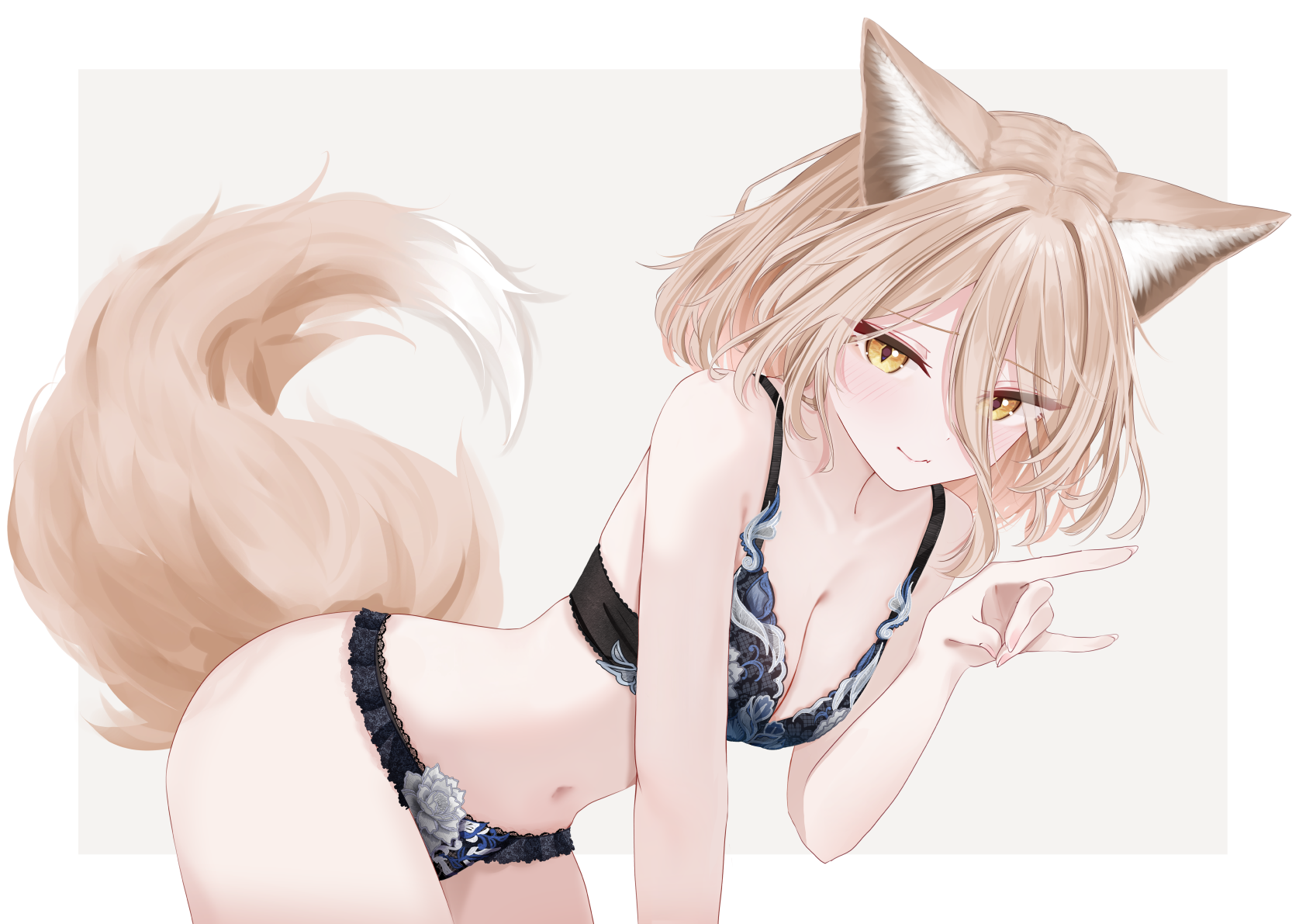 sarasadou dan, kudamaki tsukasa, touhou, commentary request, highres, 1girl, animal ear fluff, animal ears, black bra, black panties, blush, border, bra, breasts, cleavage, closed mouth, fox ears, fox girl, fox shadow puppet, fox tail, hair between eyes, long hair between eyes, looking at viewer, medium breasts, navel, outside border, panties, short hair, simple background, solo, tail, thighs, underwear, underwear only, white border