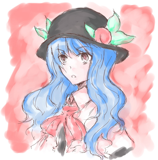 en (engawa), hinanawi tenshi, touhou, 1girl, blue hair, female focus, hat, sketch, solo