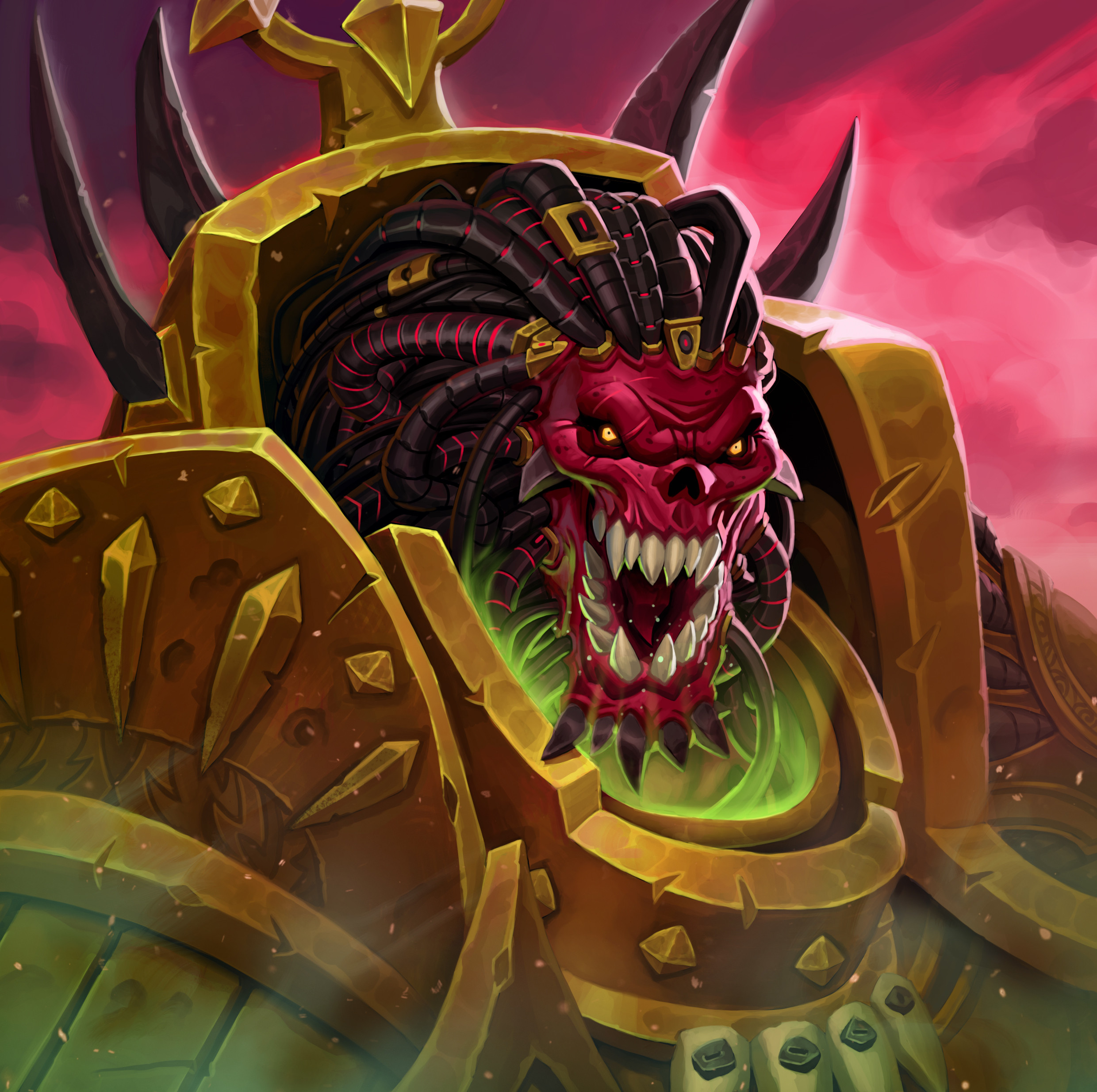 angron, warhammer 40k, absurdres, highres, 1boy, armor, breastplate, butchers nails, cable, chaos (warhammer), demon, demon primarch, full armor, glowing, gold armor, gorget, hair tubes, lionsden, looking at viewer, ornate armor, power armor, primarch, scar, scar on face, world eaters
