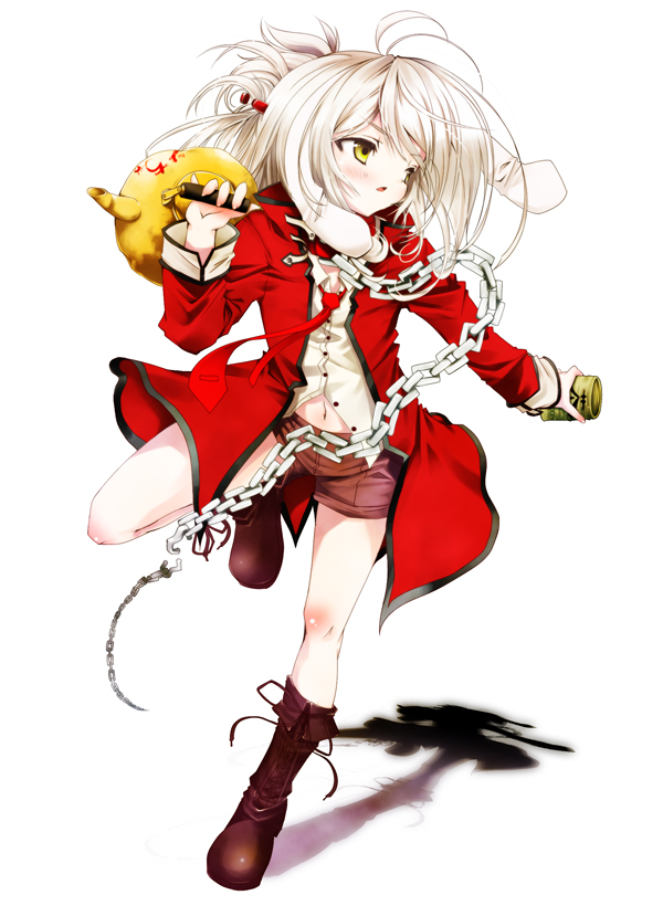 cura, lo (gothic delusion), gothic delusion, character request, check character, official art, 1girl, blonde hair, boots, chain, coat, flat chest, full body, long hair, looking to the side, navel, open clothes, open coat, red coat, short shorts, shorts, solo, yellow eyes