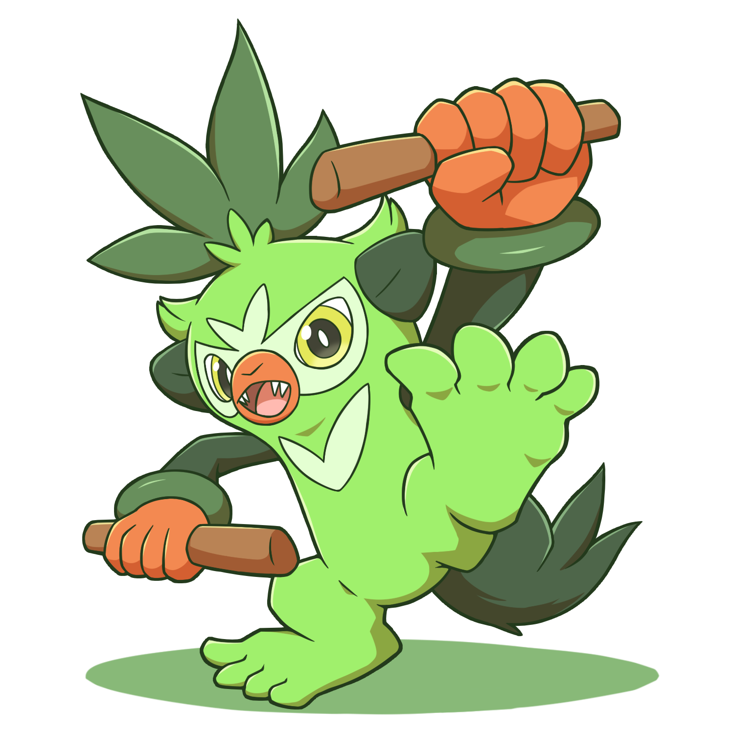 yoshio (yoshi00000091), thwackey, nintendo, pokemon, highres, gen 8 pokemon, green eyes, green fur, holding, holding stick, looking at viewer, open mouth, pokemon (creature), solo, standing, standing on one leg, stick