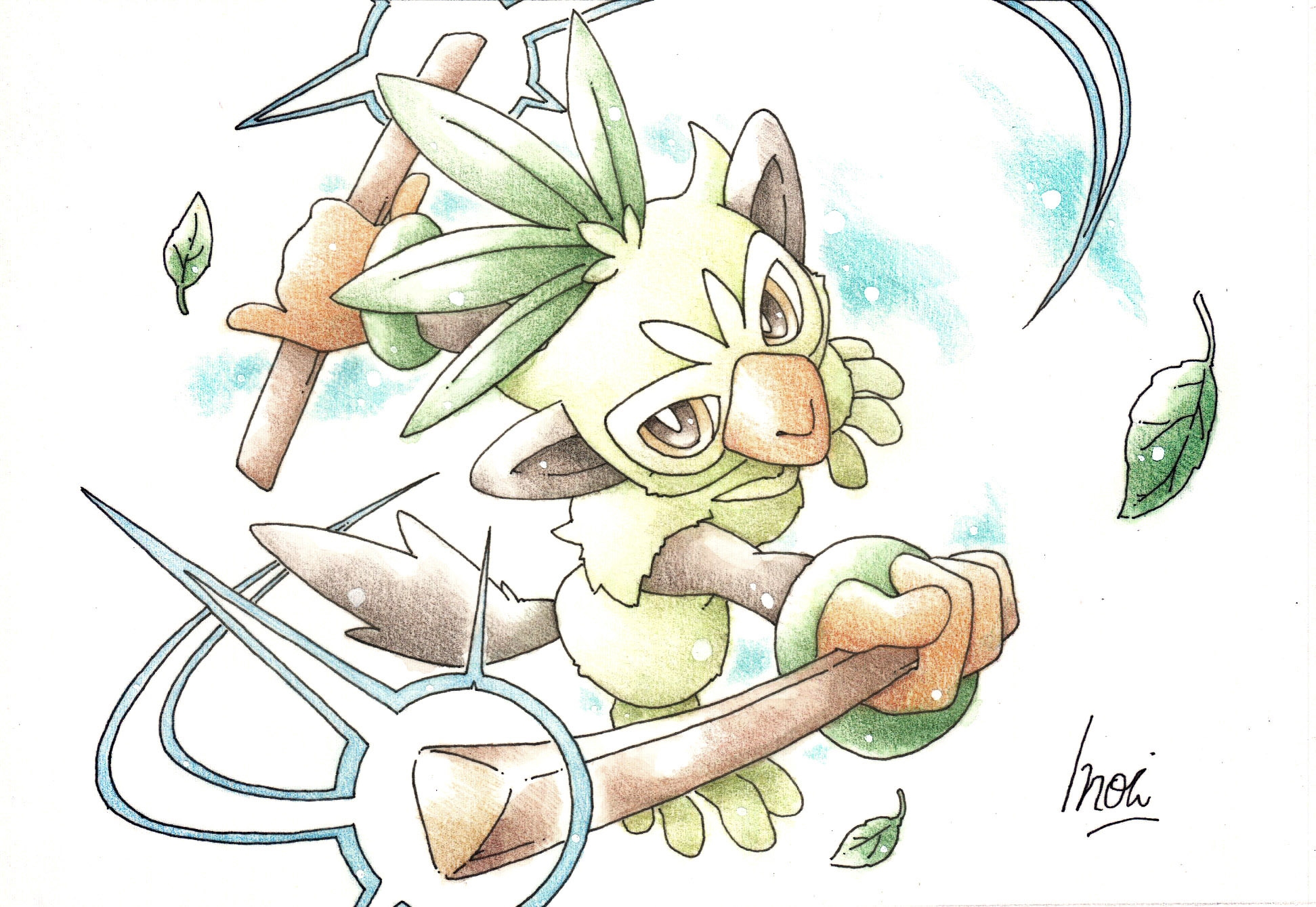 inori (pokemoart), thwackey, nintendo, pokemon, highres, traditional media, gen 8 pokemon, green fur, holding, holding stick, leaf, looking at viewer, pokemon (creature), signature, solo, stick
