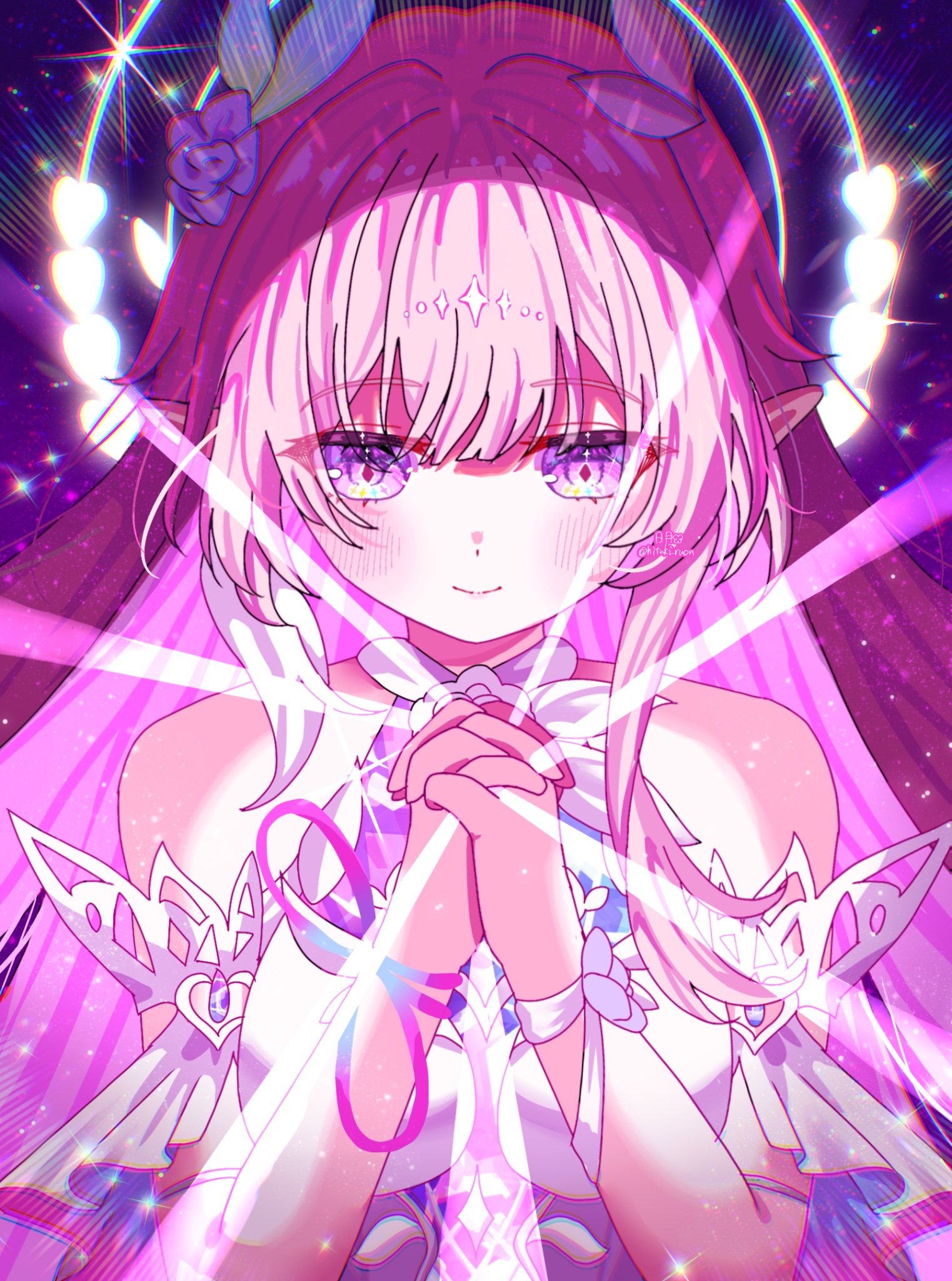 hitsuki (ruon), cyrene (honkai: star rail), cyrene (ripples of past reverie) (honkai: star rail), honkai: star rail, honkai (series), hashtag-only commentary, highres, 1girl, bare shoulders, breasts, detached sleeves, dress, halo, large breasts, long hair, multicolored hair, own hands together, pink hair, pointy ears, purple eyes, sky, smile, solo, star (sky), starry sky, two-tone hair, upper body, very long hair, white dress, white hair