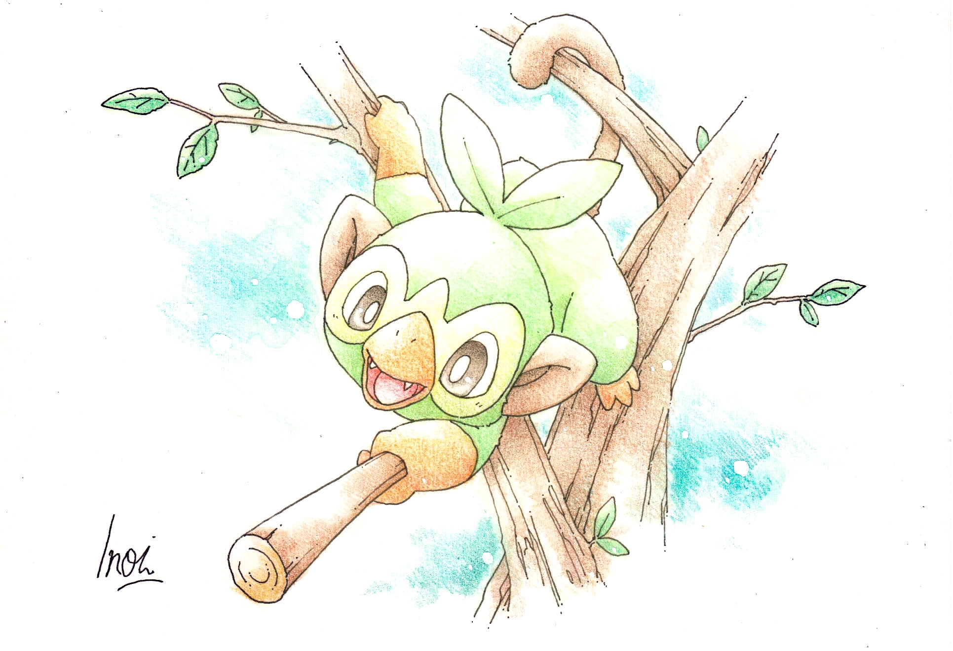 inori (pokemoart), grookey, nintendo, pokemon, highres, traditional media, artist name, brown eyes, gen 8 pokemon, green fur, holding, holding stick, leaf, looking at viewer, no humans, open mouth, pokemon (creature), signature, solo, stick, tree