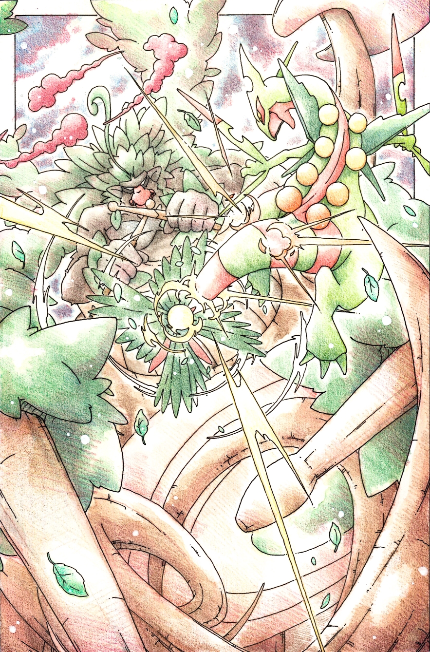 inori (pokemoart), gigantamax rillaboom, rillaboom, nintendo, pokemon, highres, traditional media, brown fur, drumsticks, gen 8 pokemon, gigantamax, green eyes, holding, holding drumsticks, pokemon (creature), solo