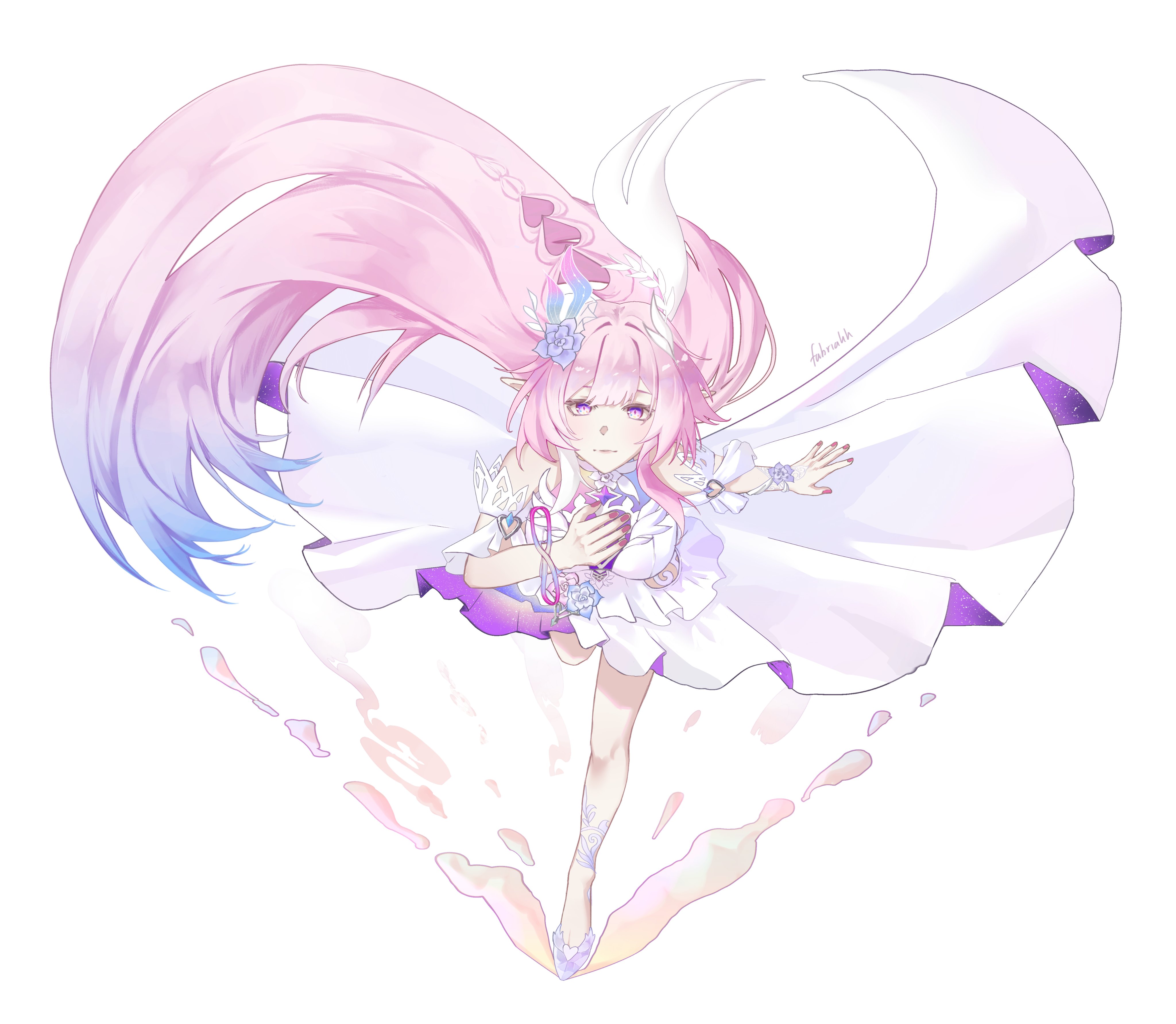 fabriahh, cyrene (honkai: star rail), cyrene (ripples of past reverie) (honkai: star rail), honkai: star rail, honkai (series), absurdres, commentary, english commentary, highres, 1girl, blue hair, breasts, dress, flower, full body, hair flower, hair ornament, halo, high heels, large breasts, long hair, looking at viewer, multicolored hair, pink hair, pink nails, pointy ears, purple eyes, simple background, solo, standing, standing on one leg, two-tone hair, very long hair, white background, white dress