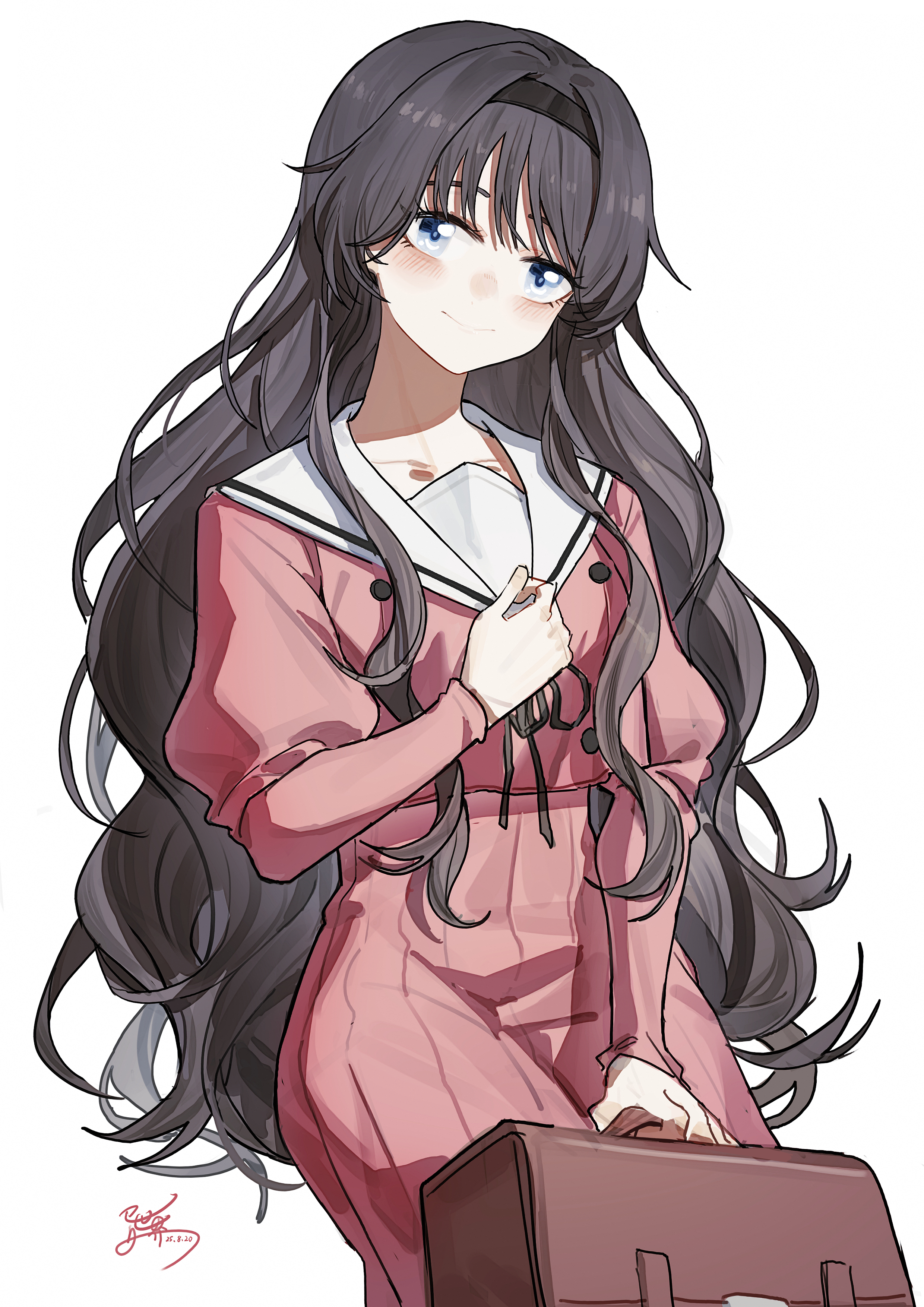 yisjhui, waguri kaoruko, kaoru hana wa rin to saku, absurdres, chinese commentary, commentary, highres, 1girl, bag, black hair, black hairband, blue eyes, blush, brown bag, collarbone, cowboy shot, dress, hairband, hand on own chest, holding, holding bag, juliet sleeves, long hair, long sleeves, looking at viewer, nose blush, pink dress, puffy sleeves, sailor dress, school bag, school uniform, simple background, smile, solo, very long hair, wavy hair, white background
