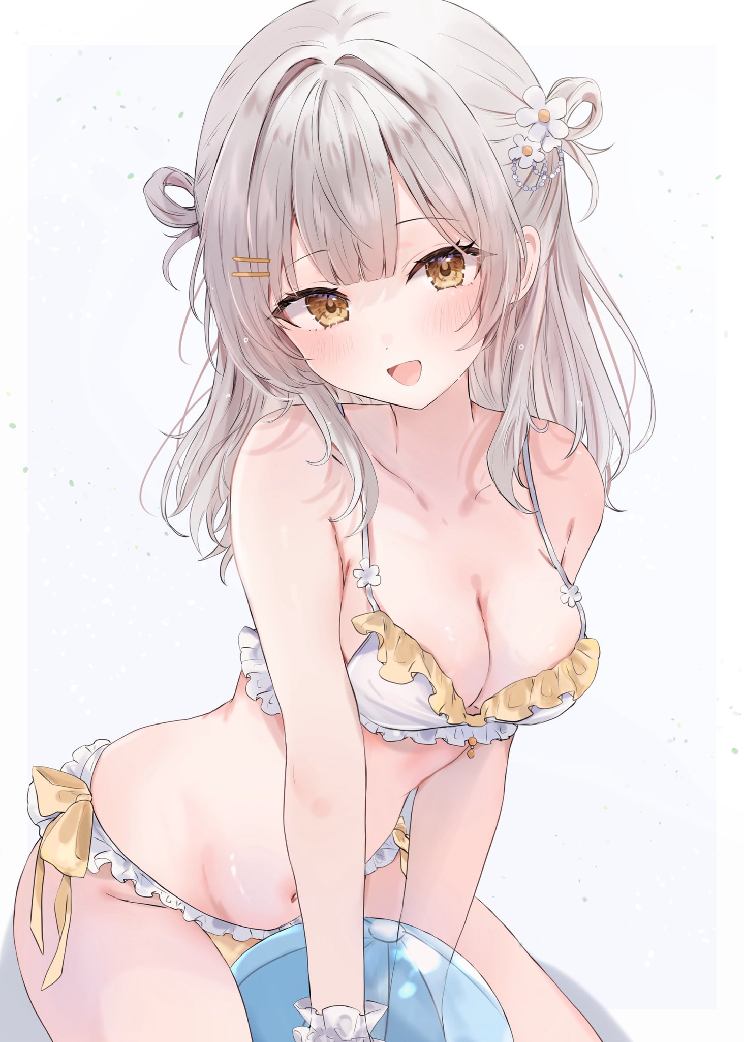maruro, commentary, highres, symbol-only commentary, 1girl, :d, ball, beachball, bikini, blush, breasts, cleavage, collarbone, flower, frilled bikini, frills, grey hair, hair flower, hair ornament, hairclip, long hair, looking at viewer, medium breasts, navel, omaera hayaku kekkon shiro yo!, open mouth, sitting, smile, solo, swimsuit, takeuchi yuzuri, white background, white bikini, yellow eyes