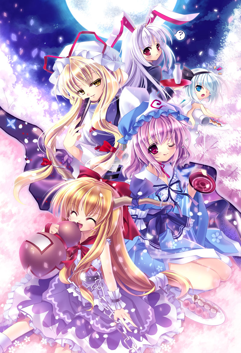 capura lin, ibuki suika, konpaku youmu, reisen udongein inaba, saigyouji yuyuko, yakumo yukari, touhou, 5girls, ?, alcohol, animal ears, blonde hair, blue eyes, cherry blossoms, closed eyes, dango, female focus, food, full moon, hair ribbon, hat, horns, japanese clothes, kimono, long hair, moon, multiple girls, open mouth, orange hair, petals, pink hair, purple eyes, purple hair, rabbit ears, red eyes, ribbon, sake, short hair, smile, takoyaki, wagashi, white hair, yellow eyes