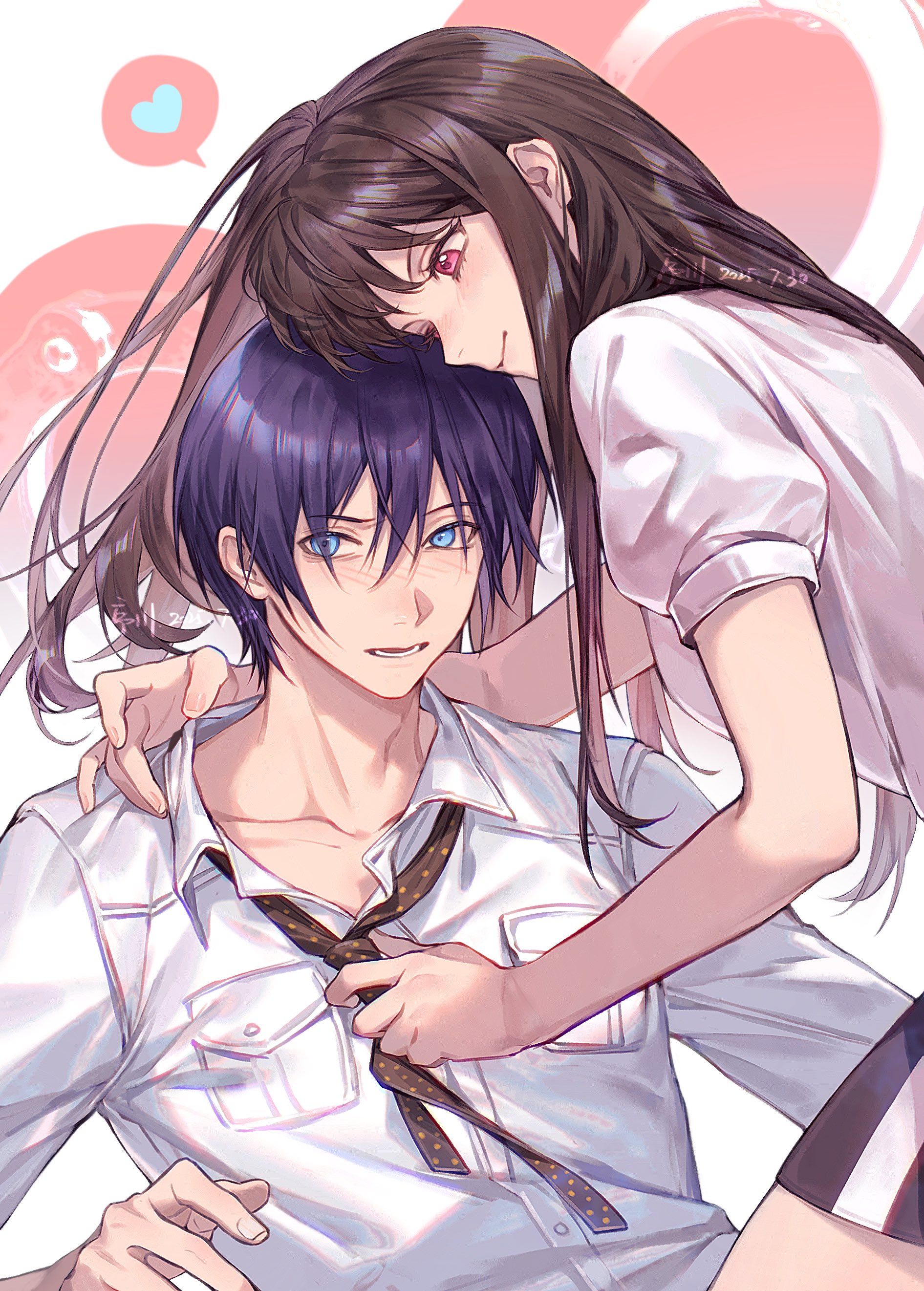 xuchuan, iki hiyori, yato (noragami), noragami, absurdres, commentary, highres, 1boy, 1girl, arm around neck, artist name, blue eyes, blush, breast pocket, brown hair, brown ribbon, collared shirt, dated, heart, hetero, looking at another, neck ribbon, nose blush, pink eyes, pocket, polka dot, polka dot ribbon, puffy short sleeves, puffy sleeves, purple hair, ribbon, shirt, short sleeves, spoken heart, white shirt, wing collar