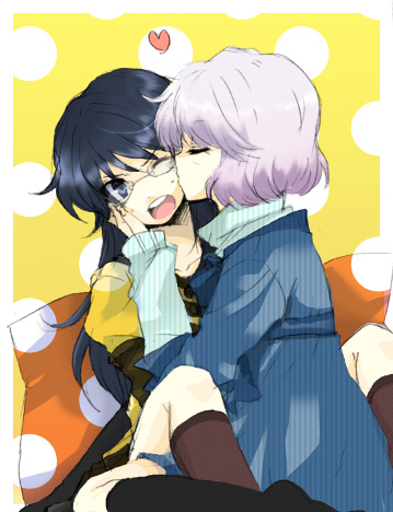 kabu (kabuteri), nogami aoi, sannomiya shiho, zettai karen children, bad id, bad pixiv id, lowres, 00s, 2girls, kiss, multiple girls, yuri