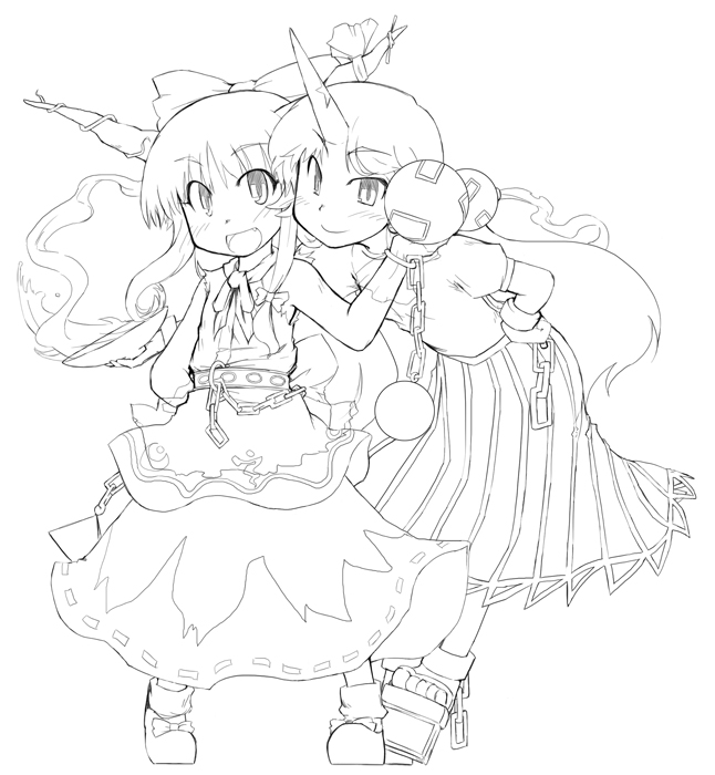 golden pe done, hoshiguma yuugi, ibuki suika, touhou, 2girls, cup, female focus, greyscale, horns, monochrome, multiple girls, oni, sakazuki, single horn