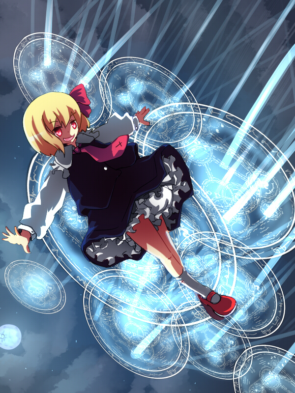 murani, rumia, embodiment of scarlet devil, touhou, 1girl, blonde hair, female focus, flying, hair ribbon, magic circle, mary janes, necktie, outstretched arms, red eyes, red necktie, ribbon, shoes, short hair, solo, spread arms, tamutamu (pixiv)