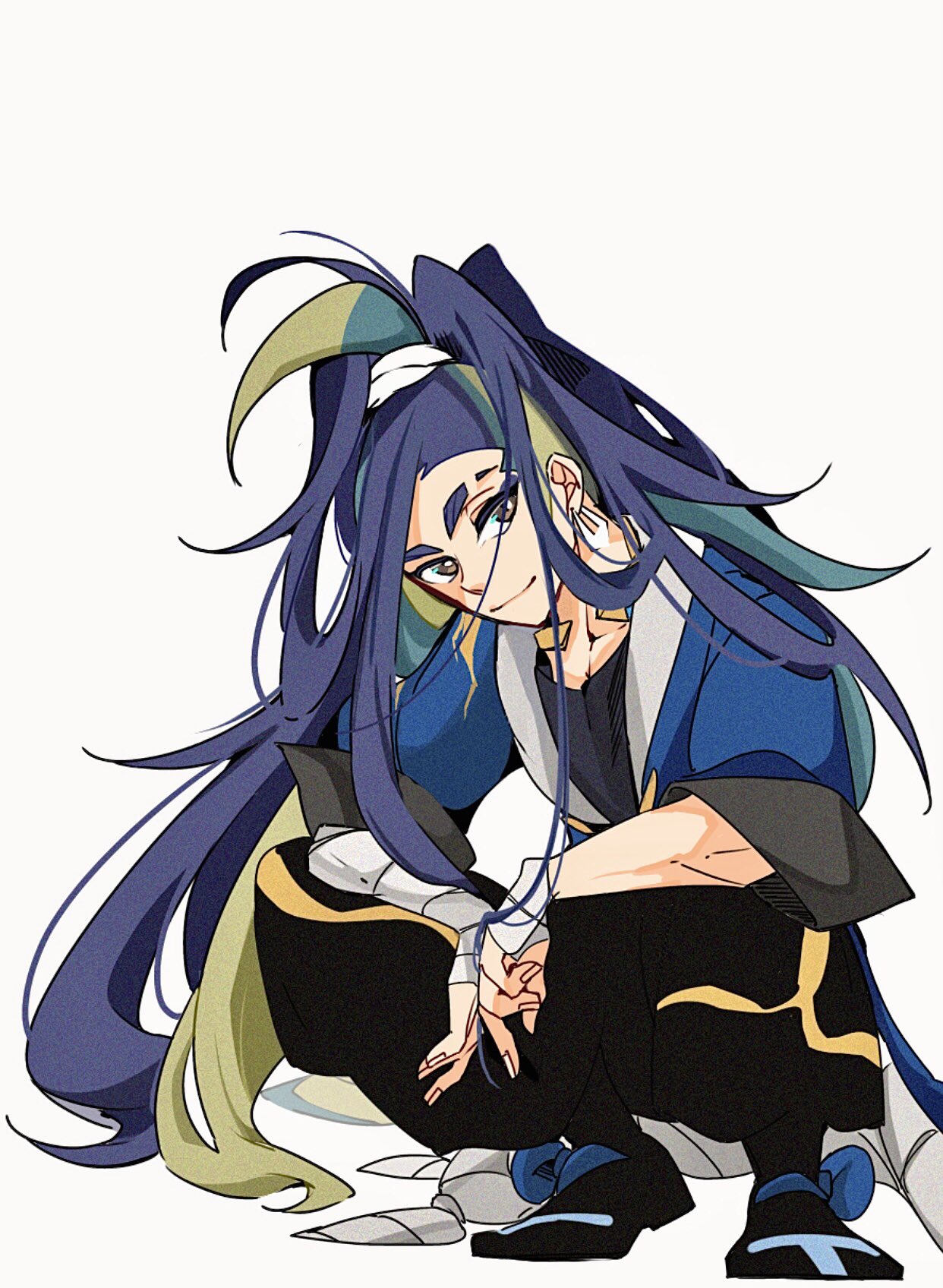 cocoa s3, adaman (pokemon), nintendo, pokemon, pokemon legends: arceus, highres, 1boy, arm wrap, black pants, blonde hair, blue coat, blue hair, brown eyes, closed mouth, coat, earrings, eyebrow cut, green hair, hand wraps, jewelry, long hair, looking at viewer, male focus, multicolored hair, neck ring, pants, shirt, simple background, smile, solo, squatting, very long hair, white background