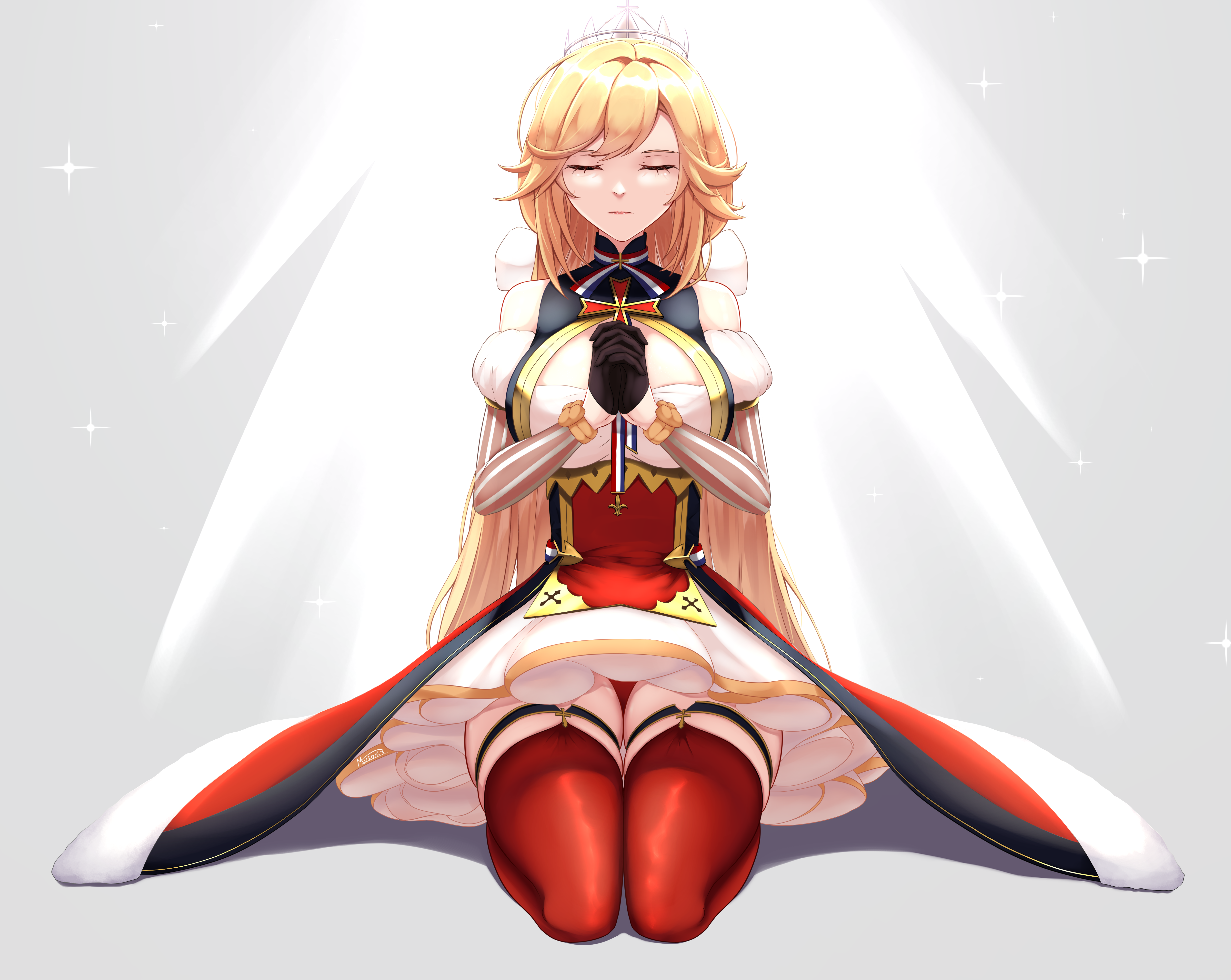 musanix, richelieu (azur lane), azur lane, absurdres, commentary, english commentary, highres, 1girl, bare shoulders, blonde hair, breast cutout, breasts, closed eyes, cross, dress, fleur-de-lis, long hair, panties, pantyshot, praying, ribbon, sitting, thighhighs, two-tone ribbon, underwear, very long hair, white background