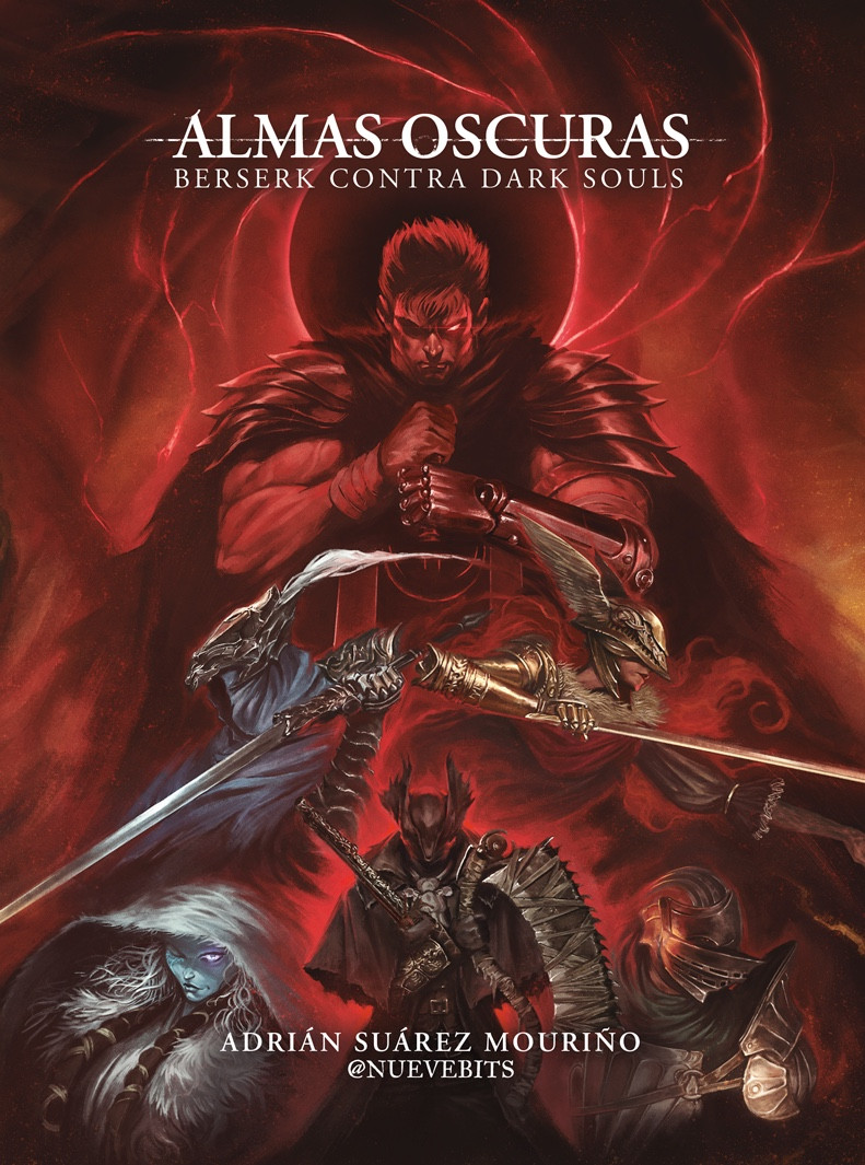alvarojh art, artorias the abysswalker, chosen undead, guts (berserk), hunter (bloodborne), malenia blade of miquella, ranni the witch, berserk, bloodborne, dark souls (series), dark souls i, elden ring, commentary, english commentary, 2girls, 4boys, amputee, armor, artist name, black hair, blue eyes, blue hair, blue skin, breastplate, cape, cleaver, colored skin, cover, cover page, covered eyes, crossover, dragonslayer (sword), eclipse, full armor, glowing, glowing eye, gold armor, golden sword, helmet, helmet over eyes, holding, holding cleaver, holding sword, holding weapon, long hair, multiple boys, multiple girls, ornate armor, prosthesis, prosthetic arm, red cape, red eyes, red hair, saw, saw cleaver, short hair, shoulder armor, sword, title, triple amputee, weapon, winged helmet