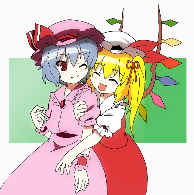 ayasugi tsubaki, flandre scarlet, remilia scarlet, touhou, arm grab, 2girls, blonde hair, blue hair, fang, female focus, hat, holding another's arm, hug, mob cap, multiple girls, one eye closed, ribbon, short hair, siblings, sisters, smile, wings, wink