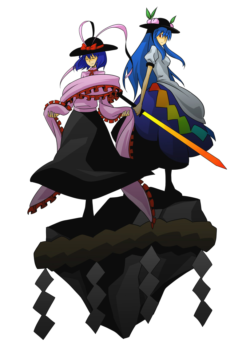 oosawa sora, squemezzo, hinanawi tenshi, nagae iku, touhou, 2girls, blue hair, closed eyes, female focus, food, fruit, hat, kaname-ishi, long hair, multiple girls, peach, purple hair, red eyes, ribbon, rope, shawl, shide, shimenawa, short hair, simple background, sword, sword of hisou, weapon