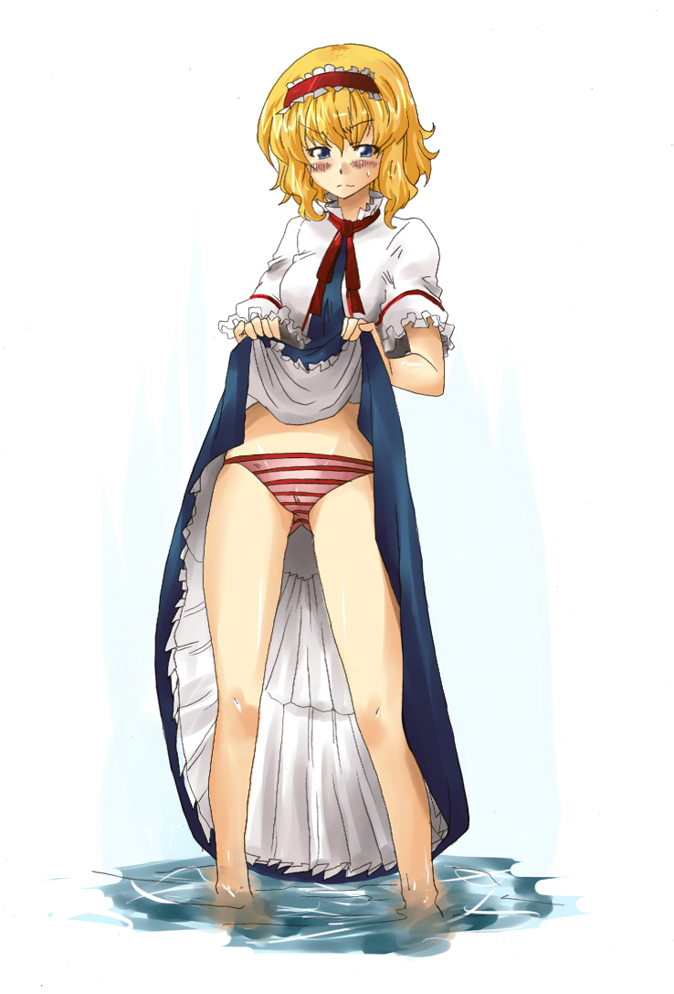 ooike teru, alice margatroid, touhou, 1girl, blonde hair, blush, clothes lift, female focus, panties, short hair, skirt, skirt lift, solo, underwear, upskirt, wading, water