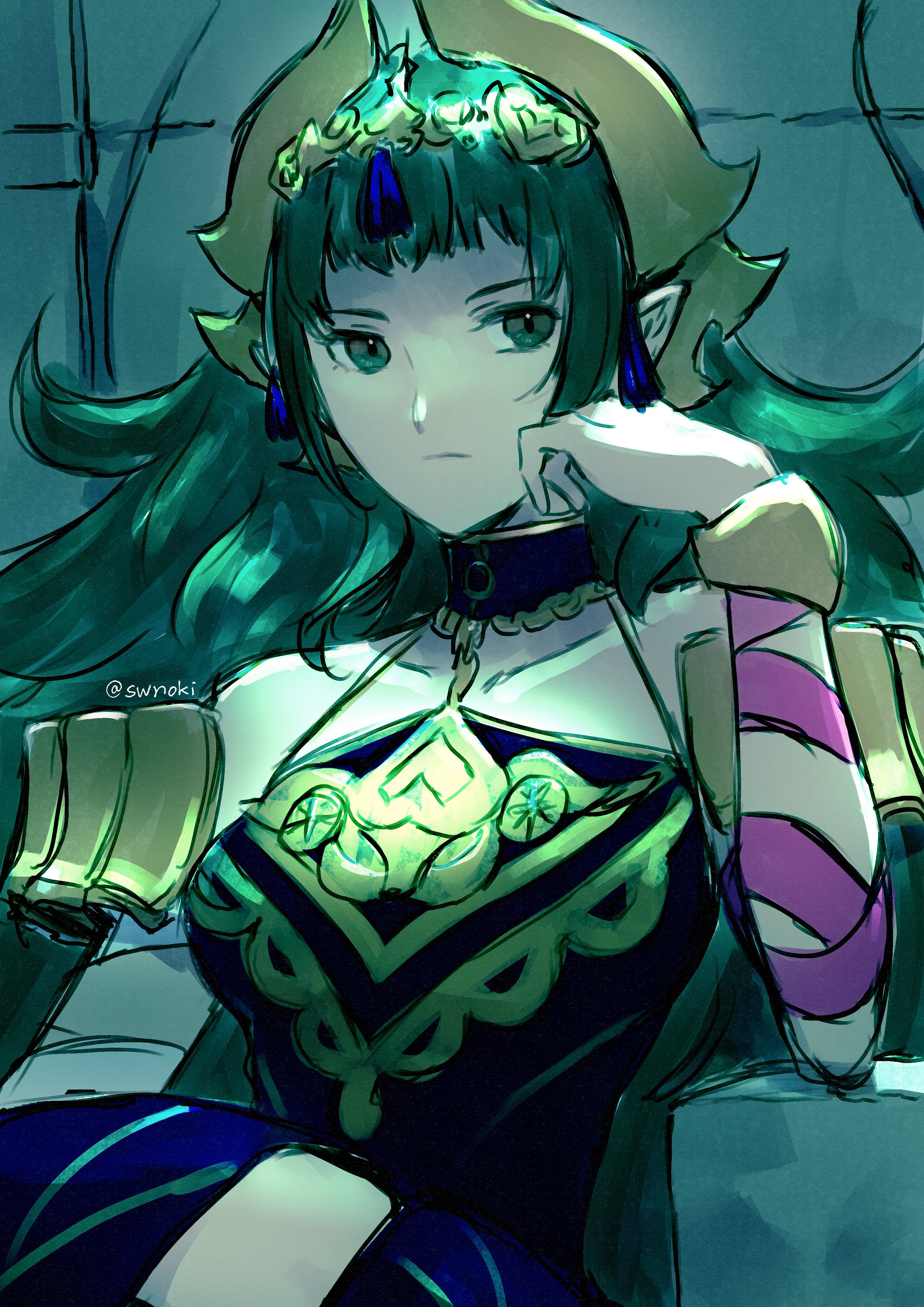 swnoki, sothis (adult) (fire emblem), sothis (fire emblem), fire emblem, fire emblem: fortune's weave, nintendo, absurdres, highres, 1girl, arm wrap, breasts, closed mouth, dress, green eyes, green hair, hair ornament, headpiece, long hair, looking at viewer, medium breasts, pointy ears, purple dress, ribbon, sitting, sitting on throne, solo, tassel, tassel hair ornament, throne, tiara