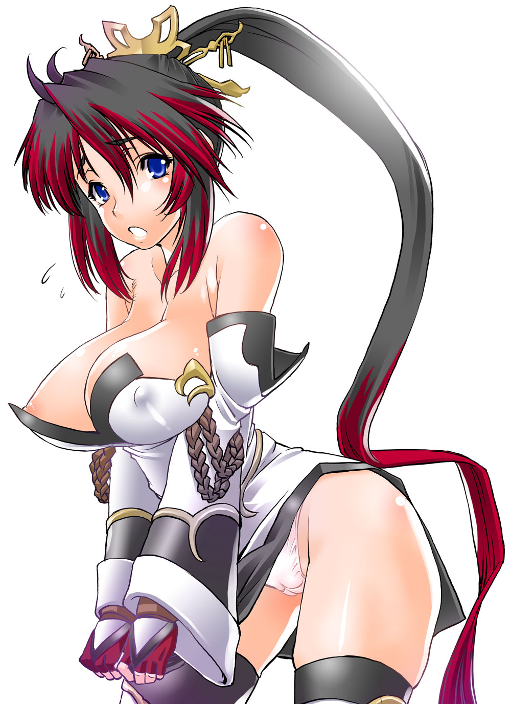 shinama, nanbu kaguya, banpresto, super robot wars, super robot wars og saga mugen no frontier, highres, 1girl, blue eyes, breasts, cameltoe, cleavage, dress, female focus, huge breasts, infinite frontier, long hair, multicolored hair, nipple slip, nipples, open mouth, panties, pantyshot, ponytail, puffy nipples, simple background, solo, strapless, strapless dress, sweatdrop, thighhighs, underboob, underwear, white background