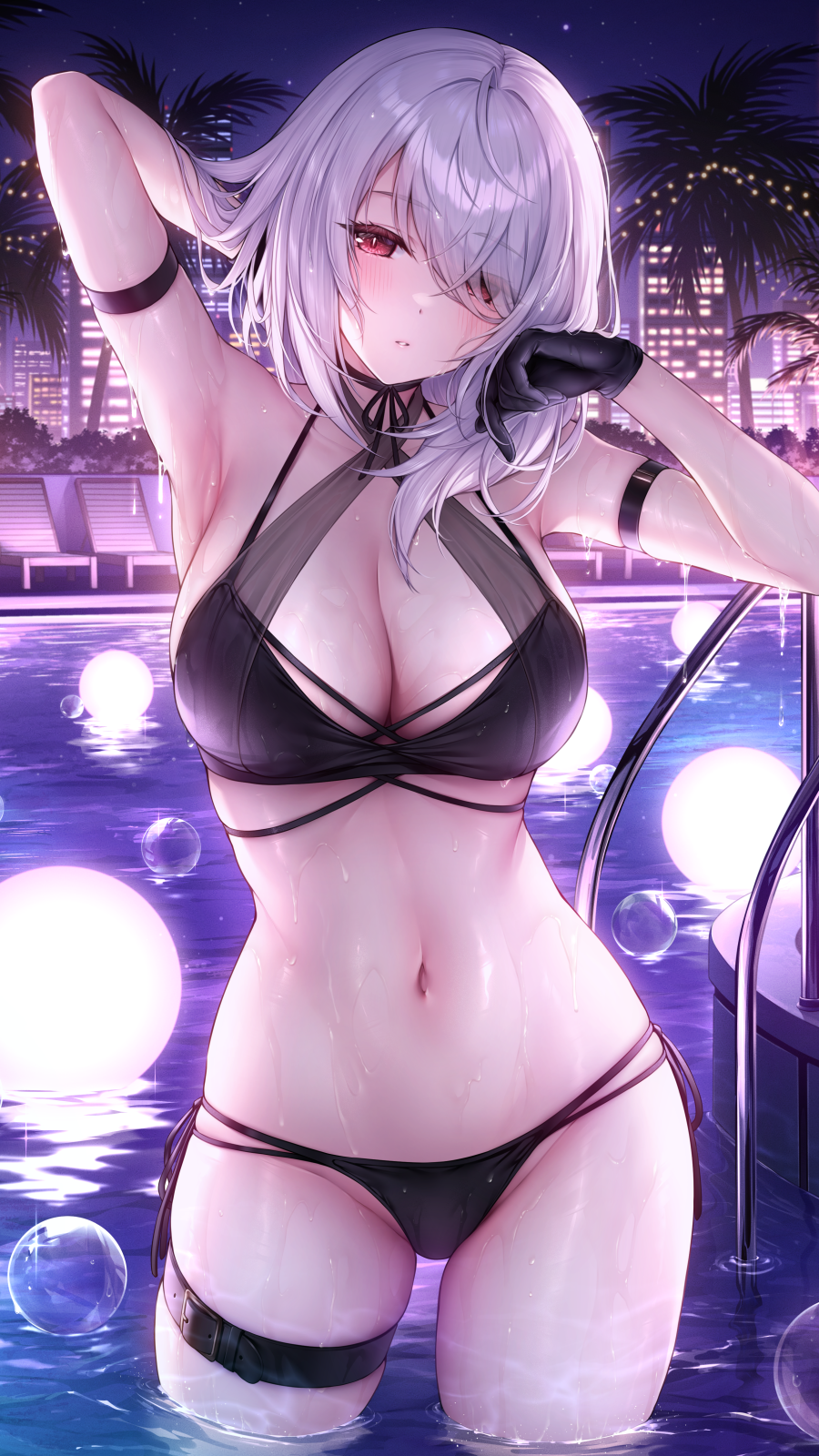 oyuwari, lenne (oyuwari), original, highres, 1girl, air bubble, arm behind head, arm strap, armpits, belt, bikini, black bikini, black gloves, blush, breasts, bubble, cleavage, eyes visible through hair, gloves, grey hair, hair over one eye, large breasts, long hair, looking at viewer, navel, night, night sky, outdoors, parted lips, red eyes, sky, solo, standing, stomach, swimsuit, thigh belt, thigh strap, water, wet