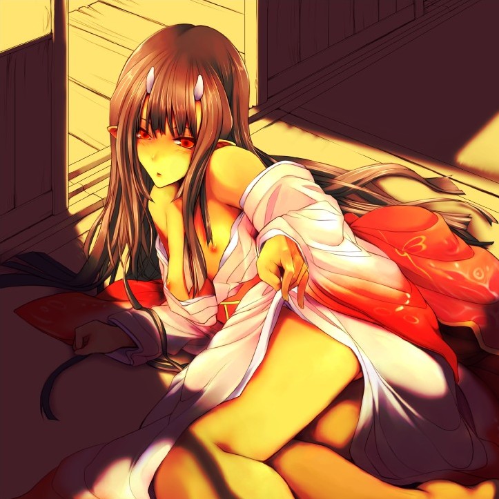 akahoshi kenji, original, 1girl, breasts, brown hair, female focus, horns, japanese clothes, kimono, legs, long hair, medium breasts, nipples, pointy ears, red eyes, solo