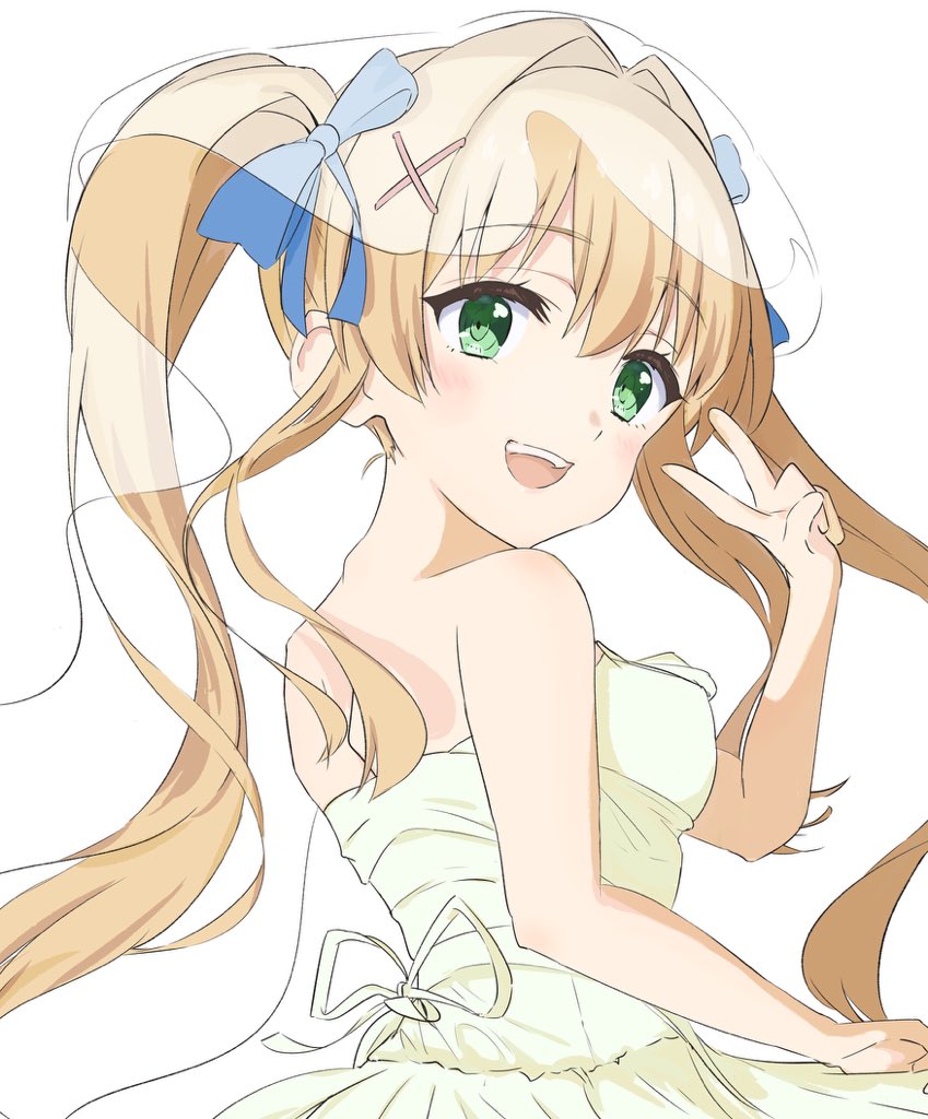 domotteru, tsumugi wenders, summer pockets, commentary, 1girl, :d, alternate costume, bare shoulders, blonde hair, blue bow, blush, bow, breasts, bridal veil, bride, dress, eyelashes, from behind, green eyes, hair between eyes, hair bow, hair intakes, hair ornament, hand up, happy, long hair, looking at viewer, looking back, medium breasts, open mouth, ringed eyes, sidelocks, simple background, smile, solo, strapless, strapless dress, teeth, twintails, upper body, upper teeth only, v, veil, very long hair, wedding dress, white background, x hair ornament, yellow dress