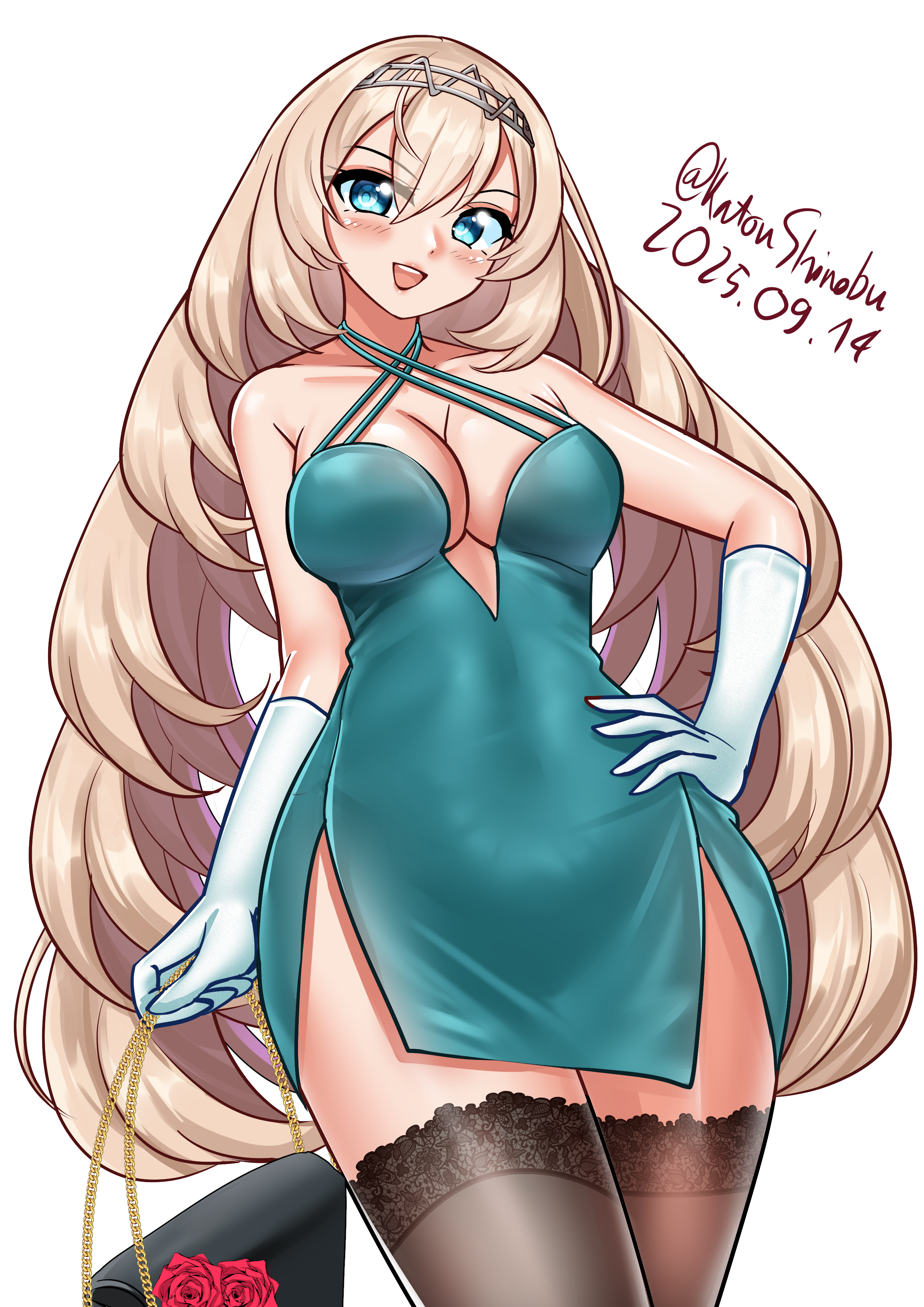 katou shinobu, victorious (kancolle), kantai collection, absurdres, commentary, english commentary, highres, 1girl, alternate costume, bag, black thighhighs, blonde hair, blue eyes, blush, breasts, cleavage, covered navel, cowboy shot, dated, dress, elbow gloves, flower, gloves, green dress, hair between eyes, hairband, halter dress, halterneck, hand on own hip, handbag, large breasts, long hair, looking at viewer, one-hour drawing challenge, open mouth, red flower, red rose, rose, simple background, solo, thighhighs, tiara, twitter username, white background, white gloves