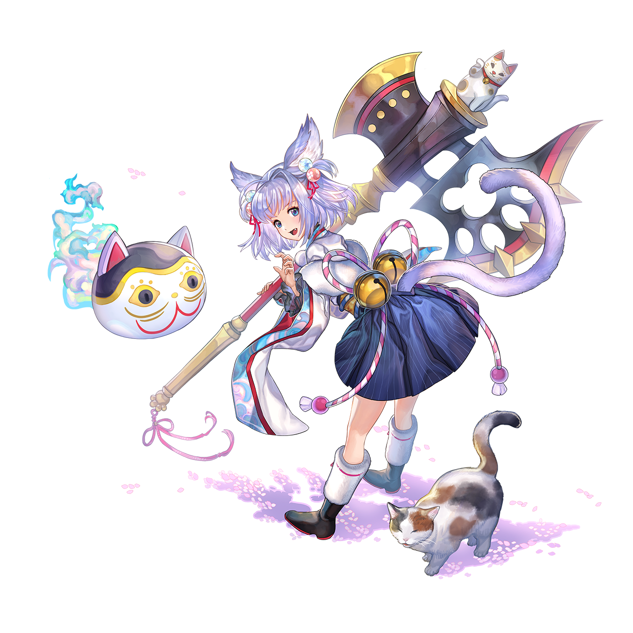 necoco (another eden), another eden, highres, official art, 1girl, :d, animal ear fluff, animal ears, axe, bell, bent over, black boots, blue eyes, blue hair, blue hakama, blush, boots, cat, cat ears, cat girl, cat tail, claw pose, double-sided axe, fang, from behind, full body, hair bobbles, hair ornament, hakama, hakama skirt, holding, holding axe, holding weapon, huge weapon, japanese clothes, kimono, long sleeves, looking at viewer, medium hair, open hand, open mouth, pink petals, simple background, skirt, smile, solo, standing, tail, transparent background, weapon, white kimono, wide sleeves