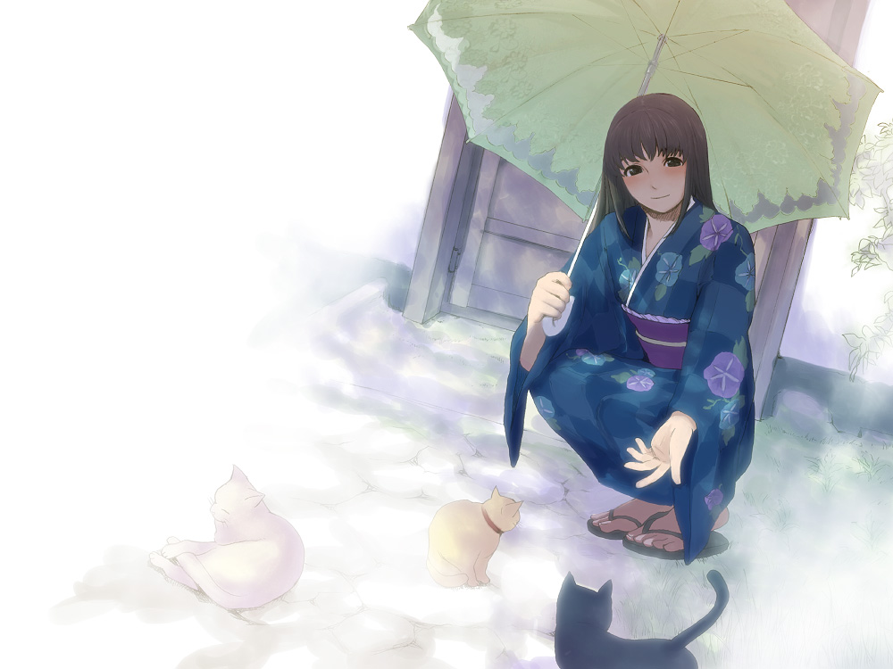 morifumi, blush, cat, fog, green hair, japanese clothes, kimono, long hair, sandals, smile, squatting, umbrella