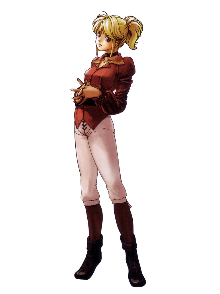 kawano junko, flare en kuldes, gensou suikoden, gensou suikoden iv, official art, 1girl, blonde hair, boots, capri pants, choker, female focus, full body, jewelry, knee boots, own hands clasped, own hands together, pants, ponytail, purple eyes, ring, short hair, simple background, solo, standing, wedding band
