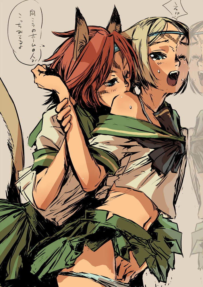 branch (blackrabbits), mithra (ff11), final fantasy, final fantasy xi, arm grab, bad id, bad pixiv id, translated, 00s, 2girls, alternate costume, animal ears, blonde hair, blue eyes, bra strap, breast press, cat ears, cat tail, clothes lift, contemporary, fangs, fingering, multiple girls, mutual masturbation, navel, one eye closed, open mouth, panties, panty pull, red hair, school uniform, serafuku, skirt, skirt lift, sweat, tail, tears, underwear, yuri