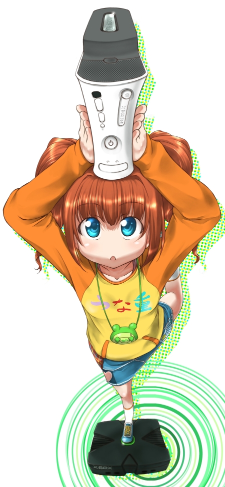 ttomm, nonowa, takatsuki yayoi, idolmaster, idolmaster (classic), idolmaster 1, console, 00s, 1girl, blue eyes, brown hair, female focus, game console, open mouth, raglan sleeves, solo, twintails, when you see it, xbox (original), xbox 360
