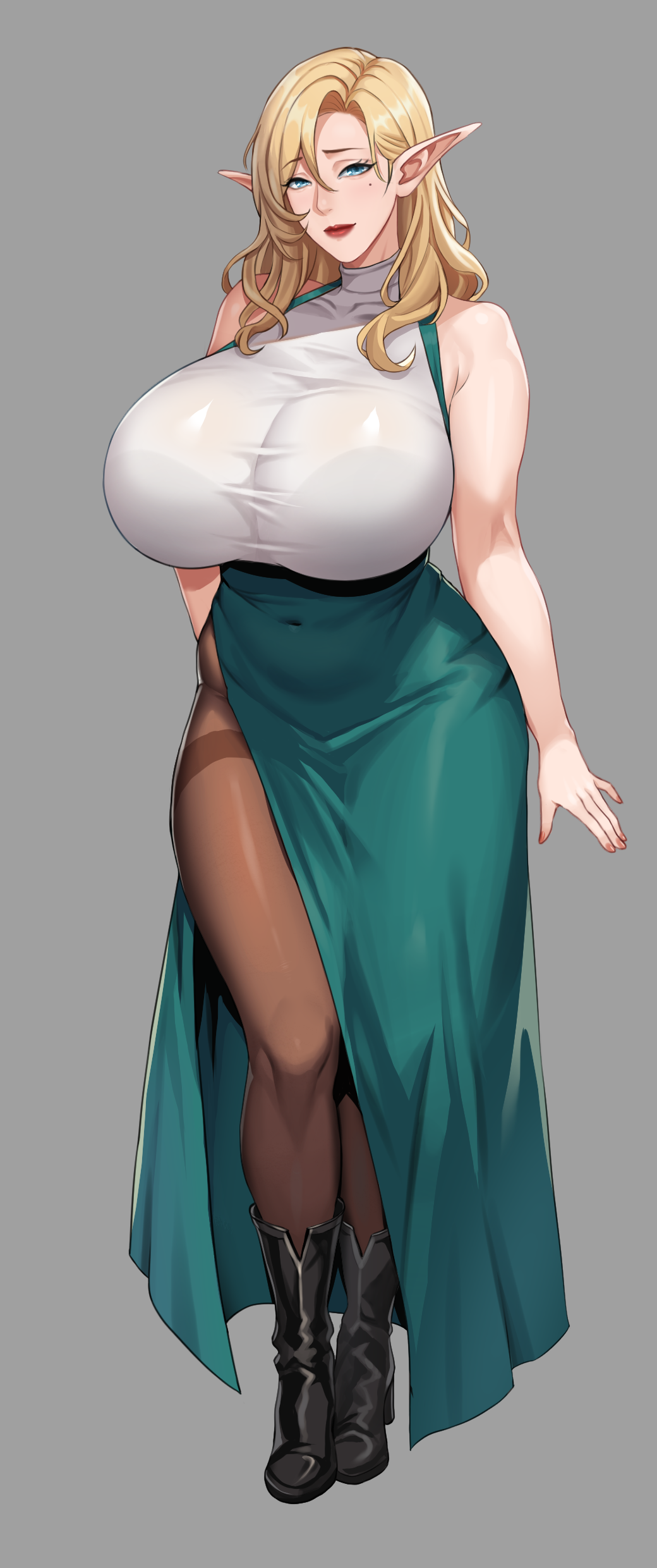 gxtsjs, black footwear, absurdres, highres, 1girl, aqua eyes, bare shoulders, black pantyhose, blonde hair, blue eyes, boots, bra, bra visible through clothes, bralines, breasts, brown pantyhose, covered collarbone, covered navel, curvy, dress, elf, full body, green dress, green skirt, grey background, hair between eyes, high-waist skirt, huge breasts, lips, lipstick, long hair, long pointy ears, long skirt, looking at viewer, makeup, mature female, mole, mole under eye, mole under mouth, pantyhose, pointy ears, red lips, see-through clothes, shirt, side slit, simple background, skirt, sleeveless, sleeveless shirt, smile, solo, standing, taut clothes, thighband pantyhose, thighs, turtleneck, underwear, white shirt
