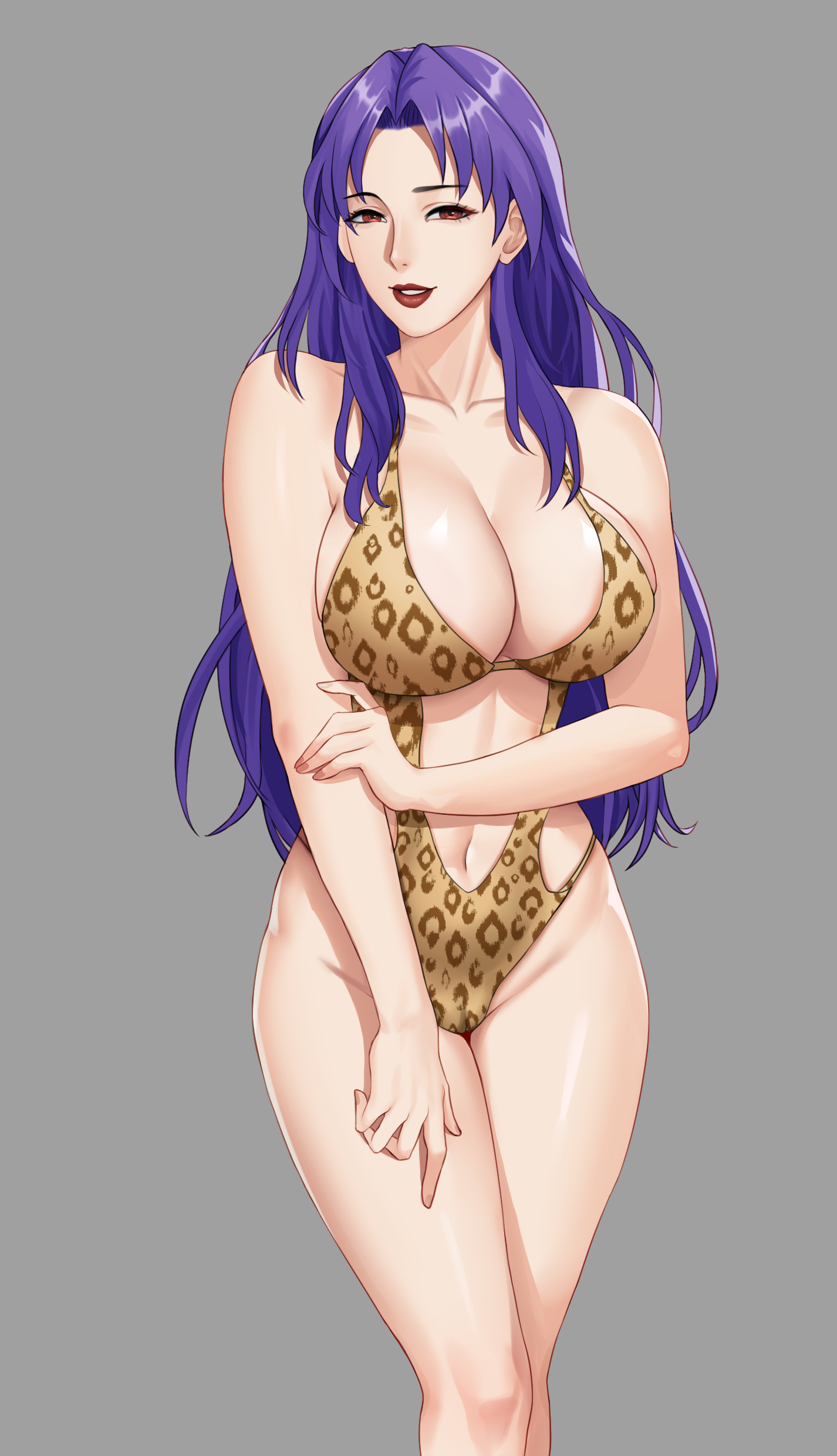 gxtsjs, highleg swimsuit, absurdres, highres, 1girl, animal print, bare arms, bare shoulders, breasts, brown eyes, casual one-piece swimsuit, cleavage, clothing cutout, collarbone, feet out of frame, grey background, groin, highleg, holding own arm, large breasts, leopard print, lips, lipstick, long hair, looking at viewer, makeup, mature female, navel, navel cutout, one-piece swimsuit, parted bangs, parted lips, purple hair, red eyes, red lips, simple background, smile, solo, standing, swimsuit, thighs