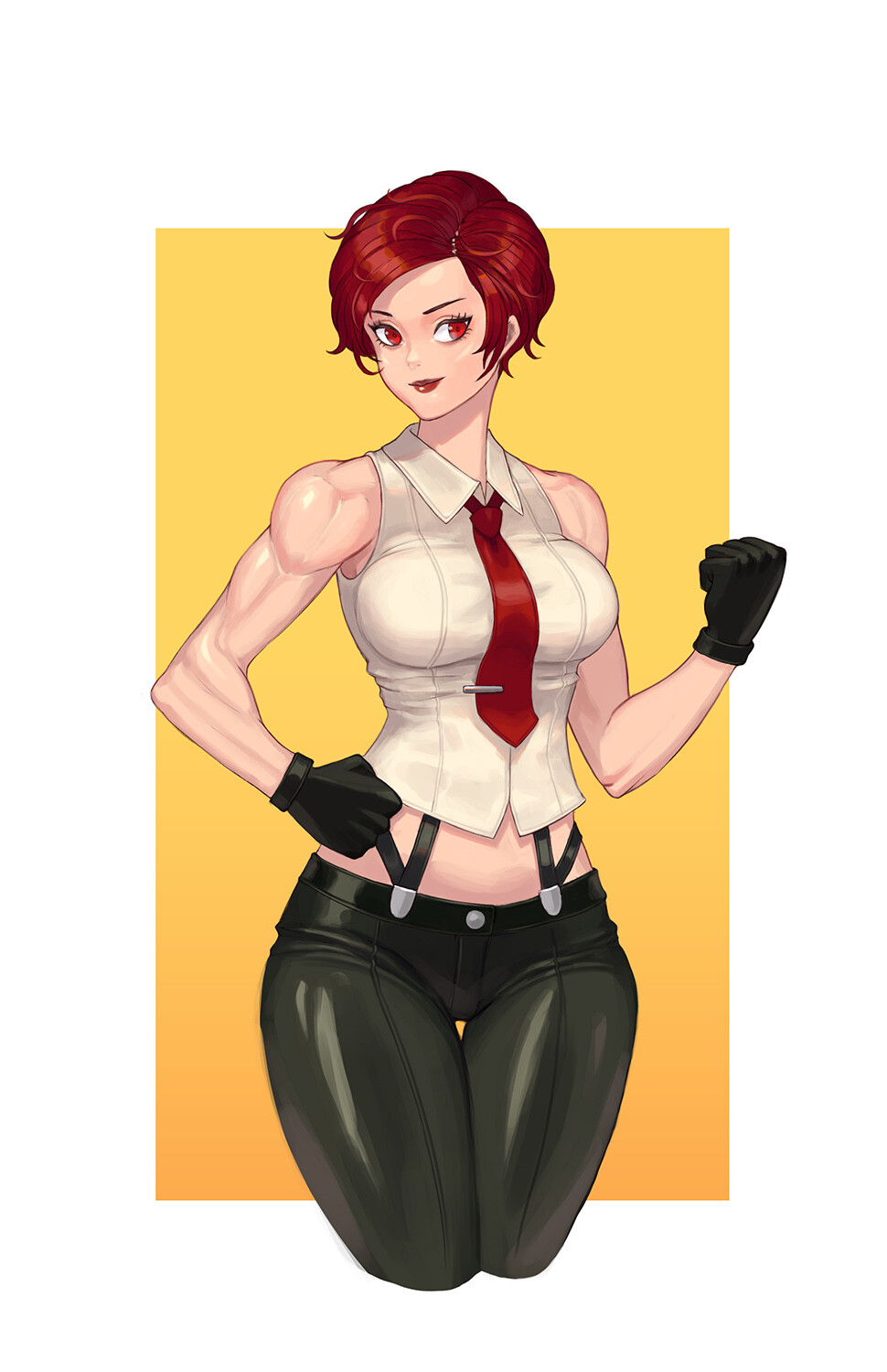 vanessa (kof), the king of fighters, highres, 1girl, breasts, bubuzela, female focus, formal clothes, gloves, huge breasts, large breasts, leather, pale skin, pants, red eyes, red hair, shane park, shirt, short hair, smile, standing, thick thighs, thighs, tight clothes, tight shirt, white shirt, wide hips