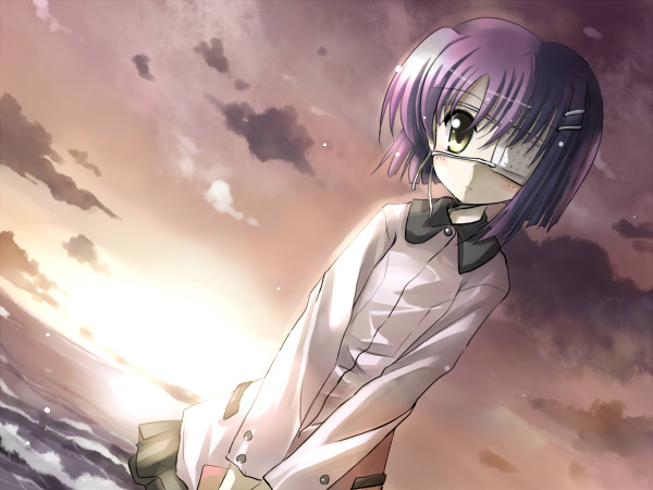 yuugiri (artist), yuugiri (u-slash), shindou chihiro, ef (visual novel), 00s, 1girl, backlighting, black skirt, cloud, cloudy sky, dutch angle, evening, eyepatch, female focus, green eyes, green skirt, hair ornament, hairclip, long sleeves, looking at viewer, miniskirt, outdoors, purple hair, shirt, short hair, skirt, sky, solo, sun, sunlight, sunset, v arms, white shirt, yellow eyes