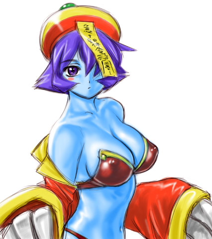hsien-ko, capcom, darkstalkers, lowres, 1girl, bikini, blue skin, breasts, colored skin, covered erect nipples, female focus, flipped hair, ghost, jiangshi, solo, swimsuit