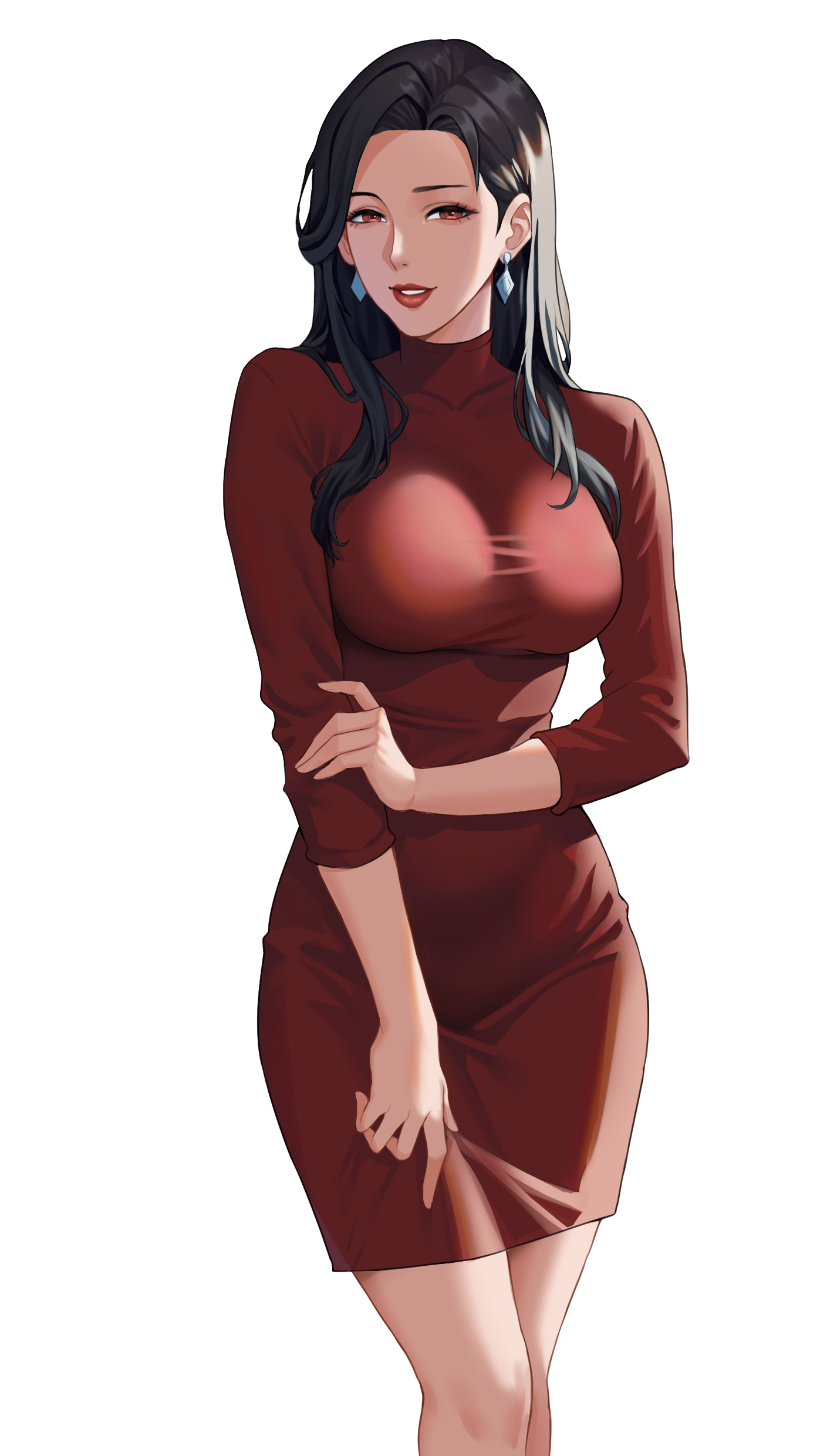 gxtsjs, highres, 1girl, black hair, breasts, brown eyes, covered collarbone, dress, earrings, feet out of frame, forehead, holding own arm, jewelry, large breasts, lips, lipstick, long hair, long sleeves, looking at viewer, makeup, mature female, parted lips, pencil dress, red dress, red eyes, red lips, short dress, simple background, smile, solo, standing, taut clothes, taut dress, tight clothes, tight dress, transparent background, turtleneck, turtleneck dress, white background