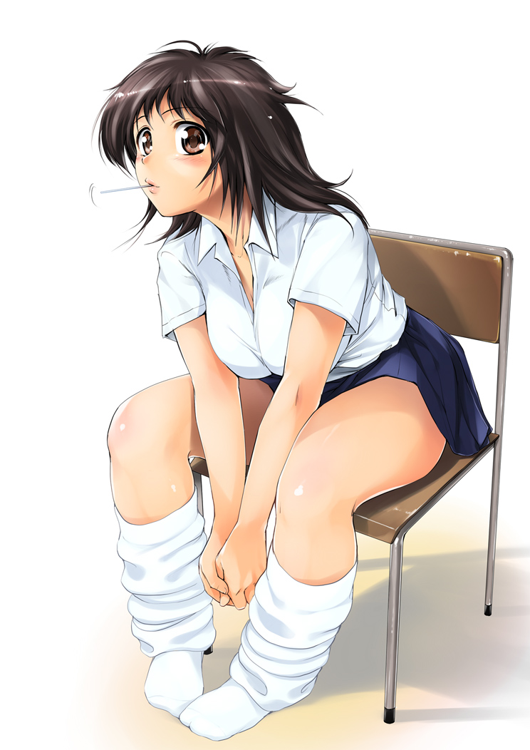 shinozuka jouji, original, bad id, bad pixiv id, 1girl, blush, brown eyes, brown hair, candy, feet, female focus, food, gyaru, kogal, legs, lollipop, long hair, loose socks, mouth hold, no shoes, school uniform, serafuku, sitting, socks, solo