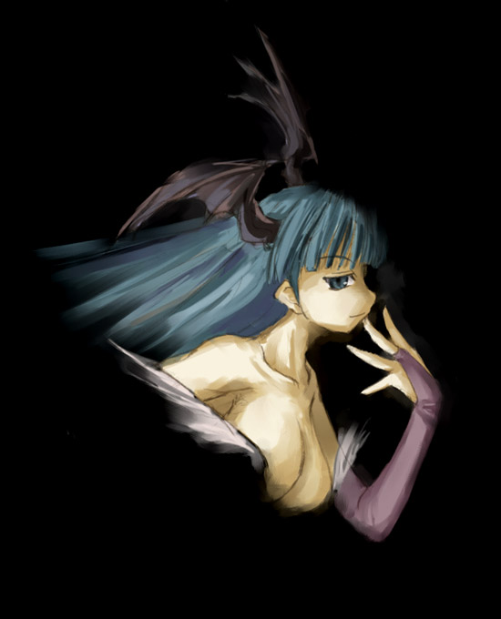 kasuga yukihito, morrigan aensland, capcom, darkstalkers, 1girl, aqua eyes, aqua hair, bare shoulders, bat wings, black background, blunt bangs, breasts, bridal gauntlets, cleavage, demon girl, female focus, finger to mouth, fur trim, head wings, large breasts, long hair, looking at viewer, looking back, naughty face, no bra, profile, simple background, slit pupils, smile, solo, upper body, wings