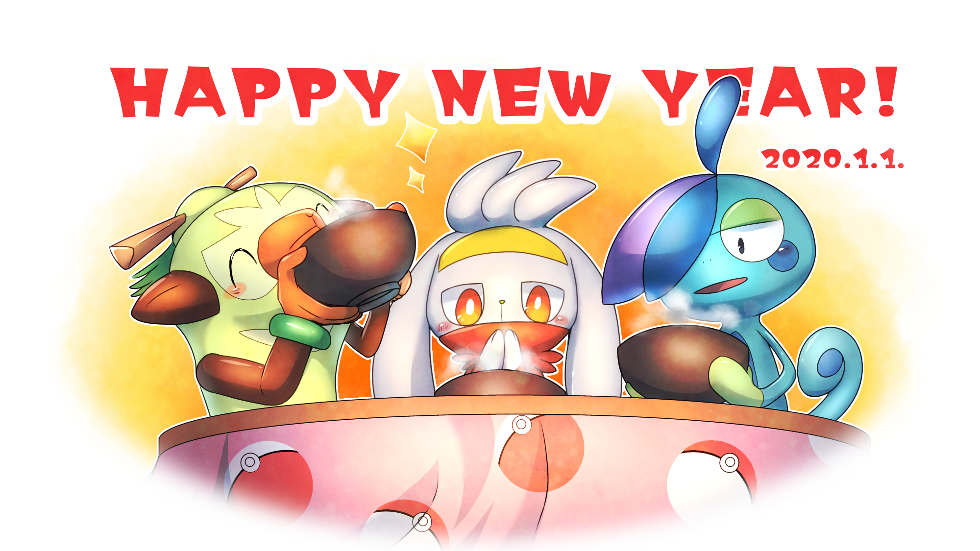 chikuwa1310, drizzile, raboot, thwackey, nintendo, pokemon, highres, blue skin, bowl, bright pupils, closed eyes, colored skin, dated, gen 8 pokemon, green fur, happy new year, holding, holding bowl, new year, poke ball print, pokemon (creature), red eyes, white fur, white pupils